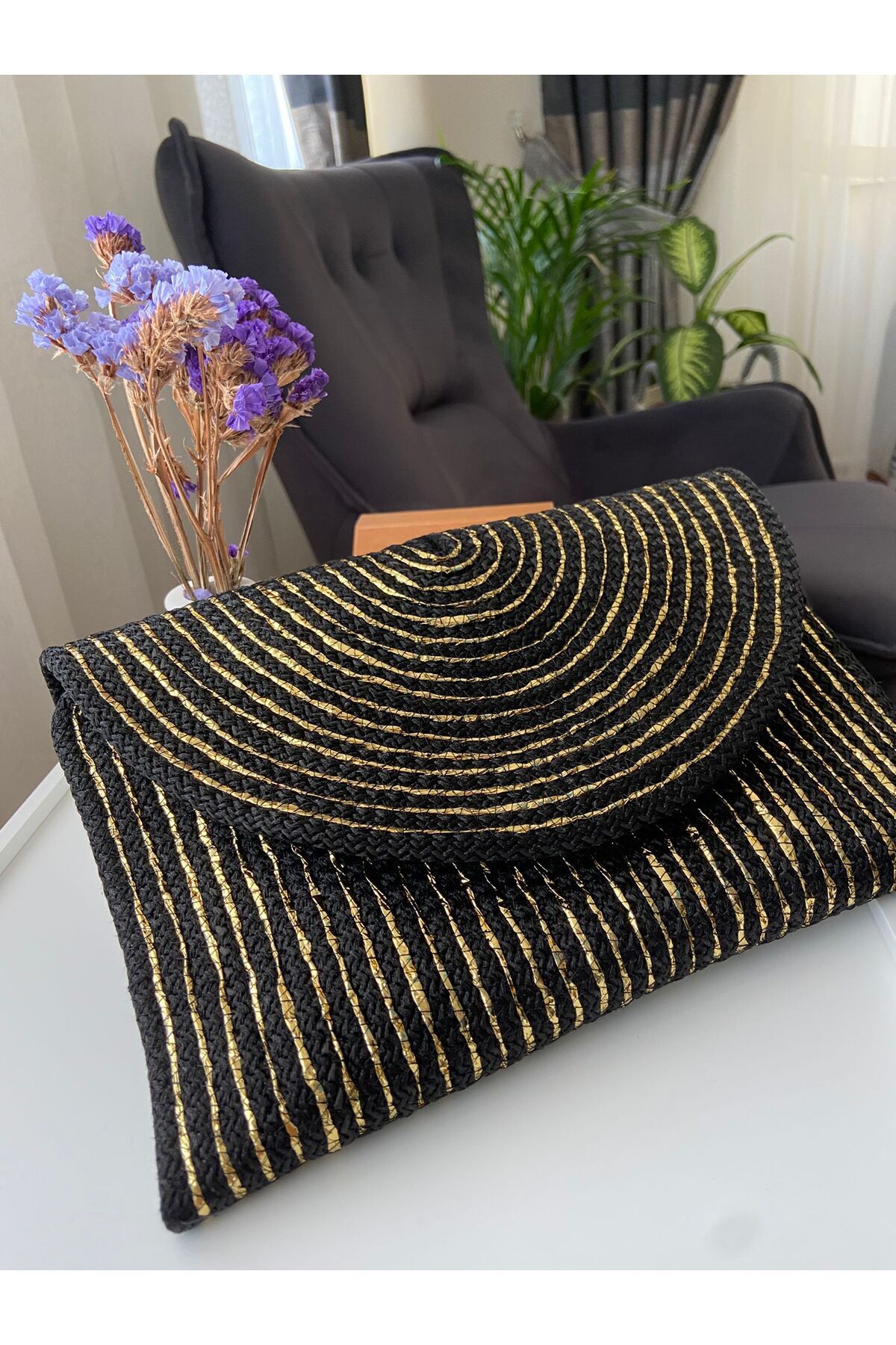 ZES clutch siyah gold detaylı çanta