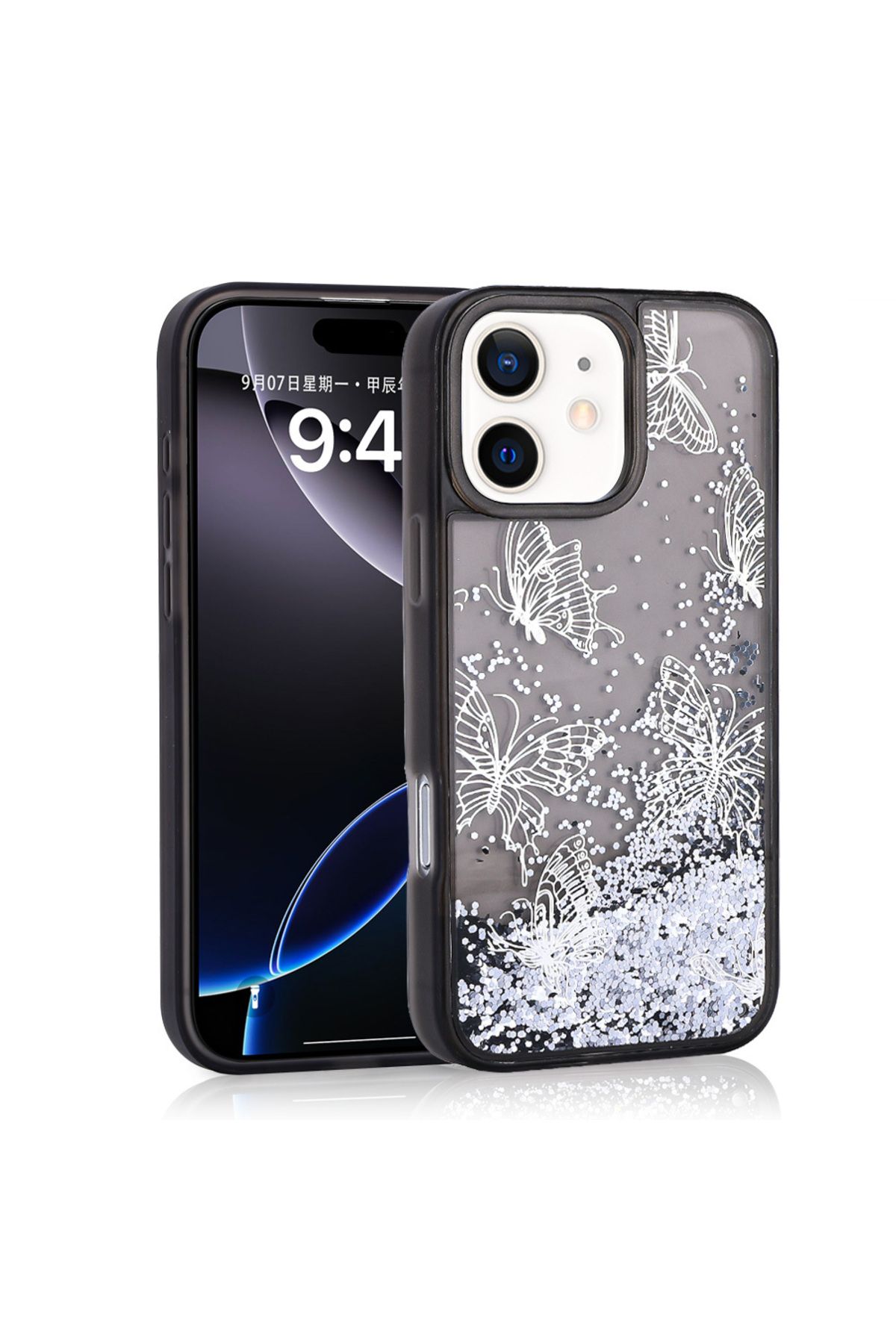 Artoncase iPhone 12 Kılıf Sıvı Simli Kelebek Baskılı Şeffaf Arka Yüzey Tam Koruma Sert Silikon Kapak