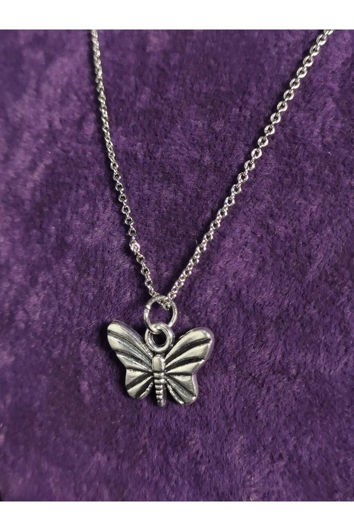 sarıyer silver-Minimal Steel Necklace with Butterfly Figure Without Stone 2