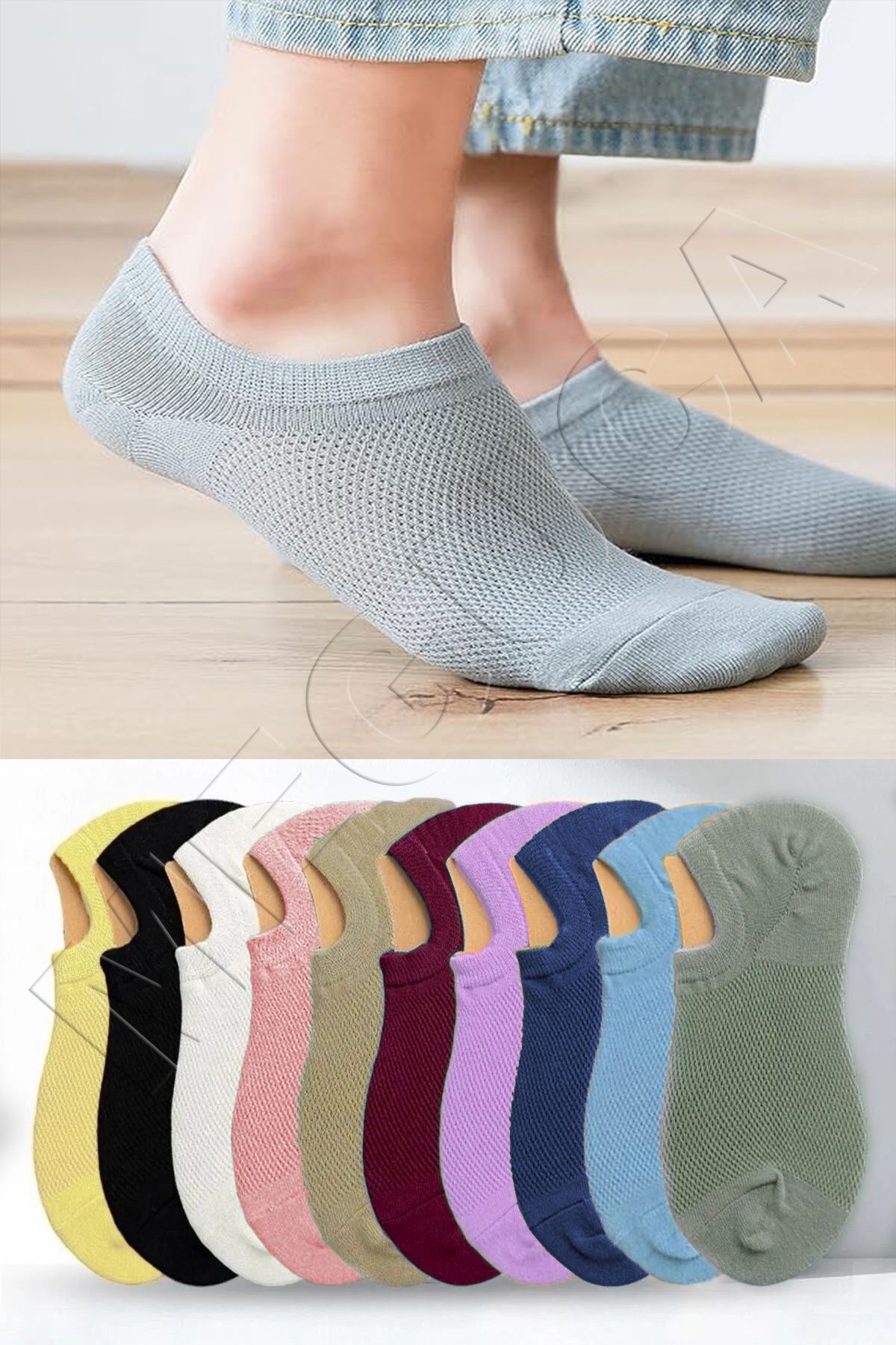 Meguca Socks 10 Çift Kadın Renkli Pamuklu Terletmeyen Görünmez Spor Ayakkabı Çorap Seti