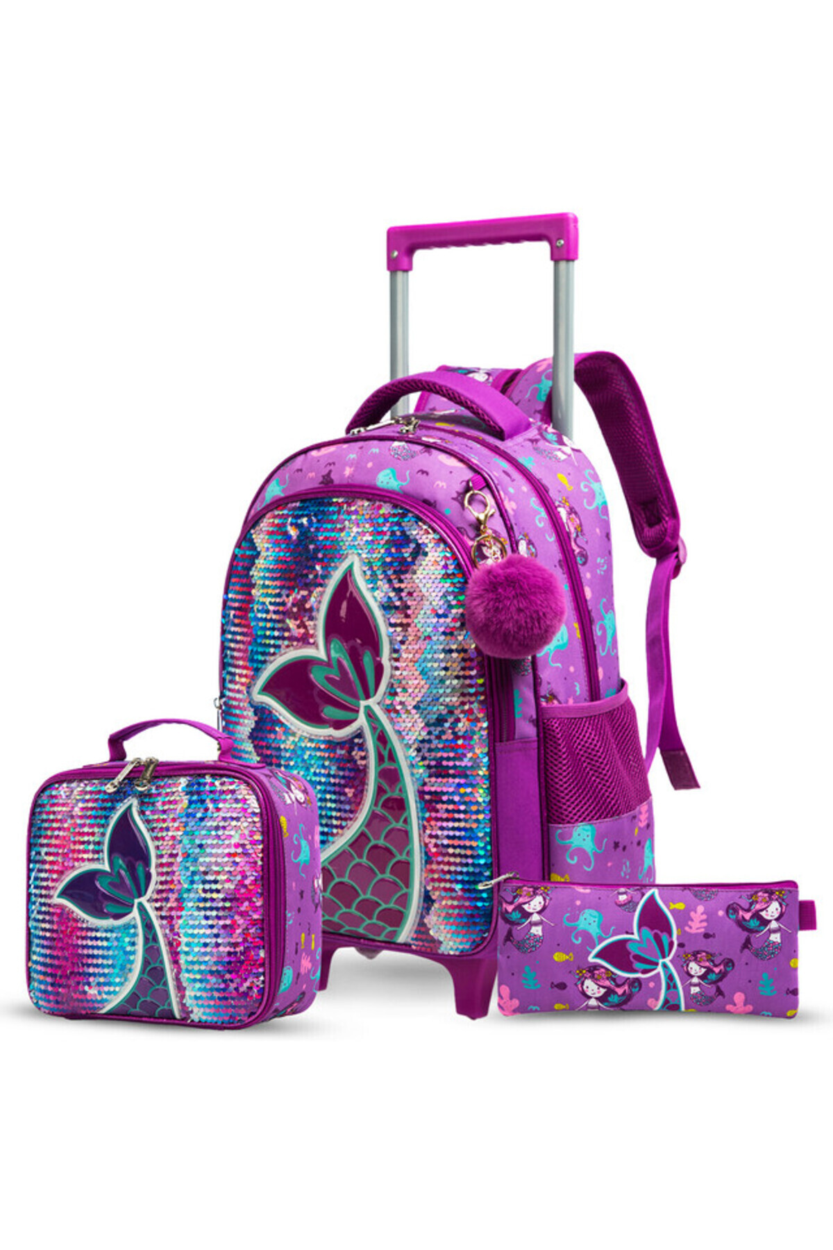 Eazy Kids - 18" Set of 3 Trolley School Bag Lunch Bag & Pencil Case Mermaid - Purple