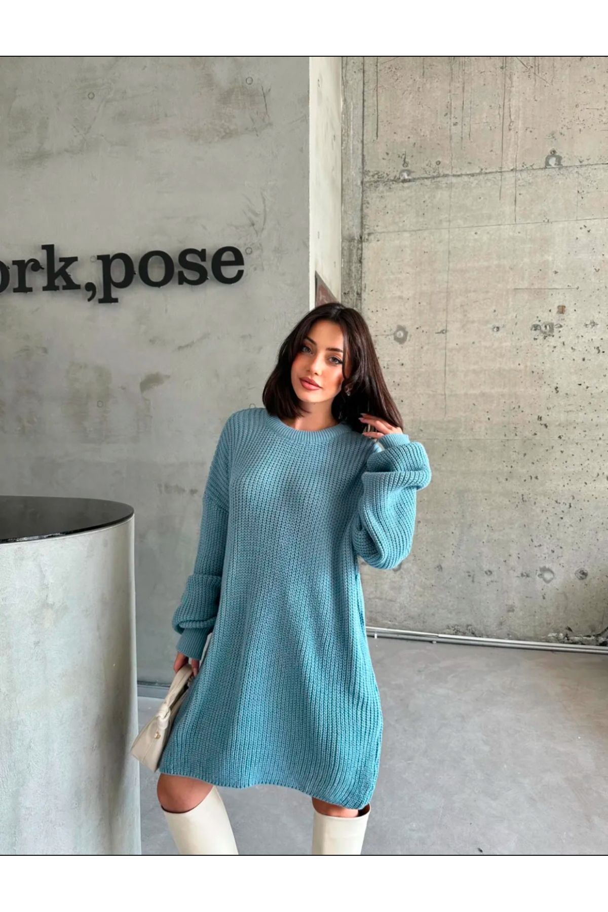 ibeeka Standart Beden Selanik Oversize Kazak Elbise  - Tunik Bebe Mavi Pastel Renk