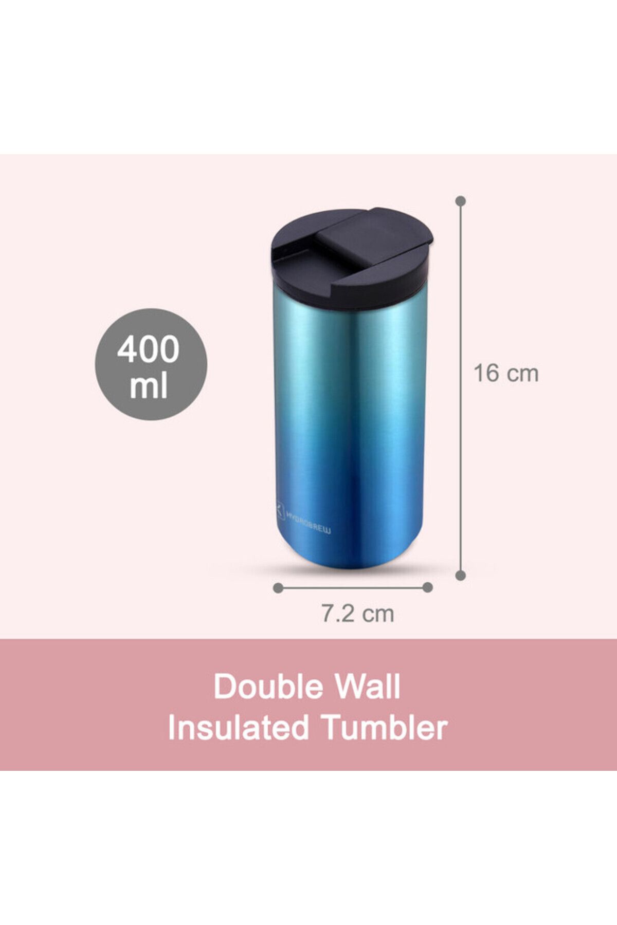Hydrobrew-Double Wall Insulated Tumbler Water Bottle - Blue, 400ml 5