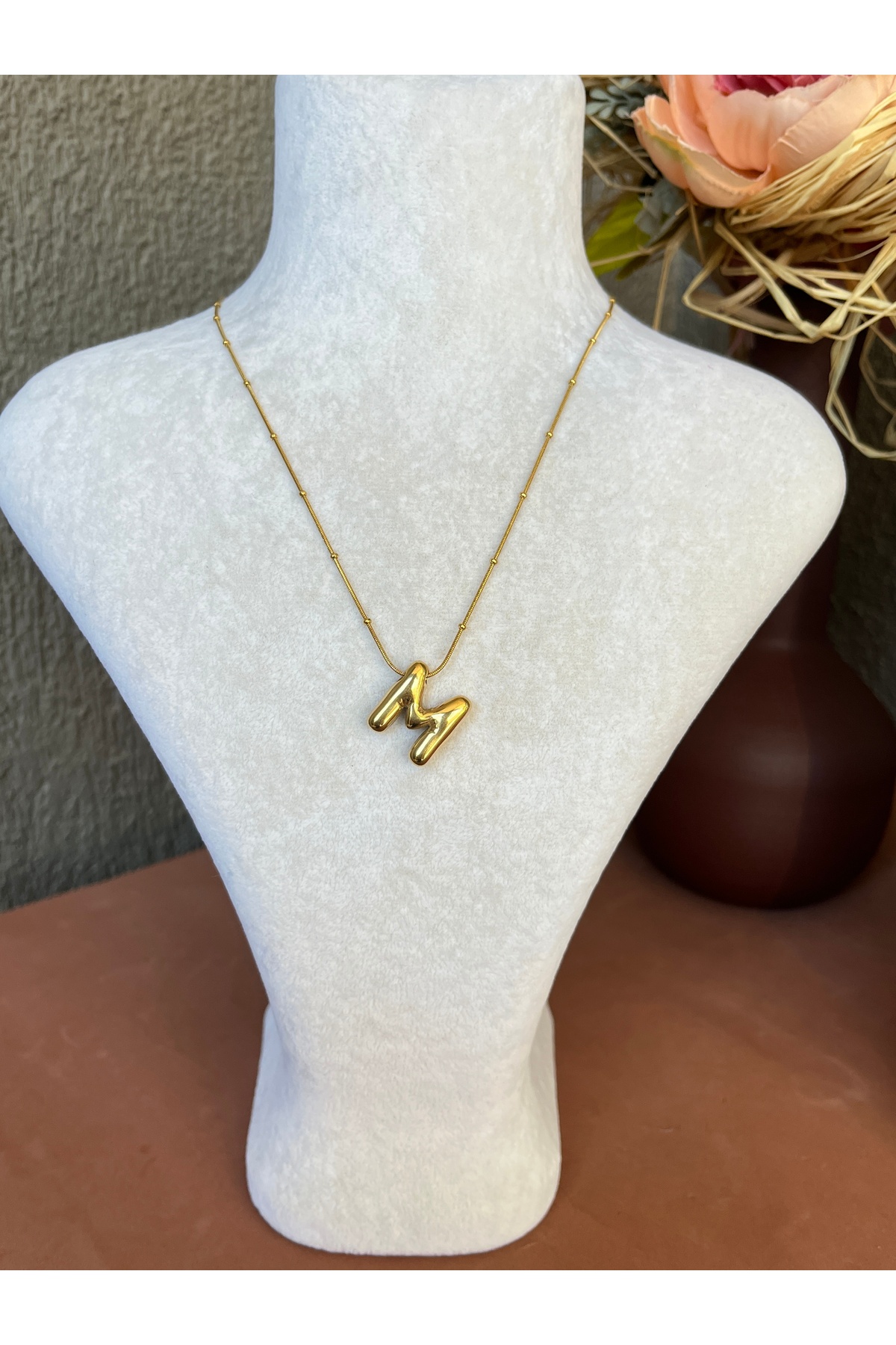 Snake Chain M Letter Balloon Steel Necklace with Balloon Detail Bubble Steel Necklace with Oblique M Letter