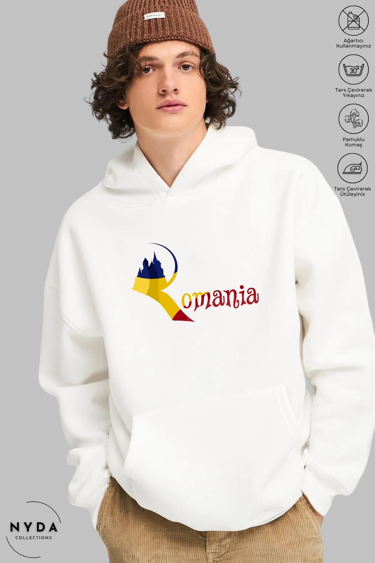 Nyda Collections Unisex Hoodie Uzun Kollu Romania Baskılı Kapüşonlu Şardonlu Oversize Pamuk Sweatshirt