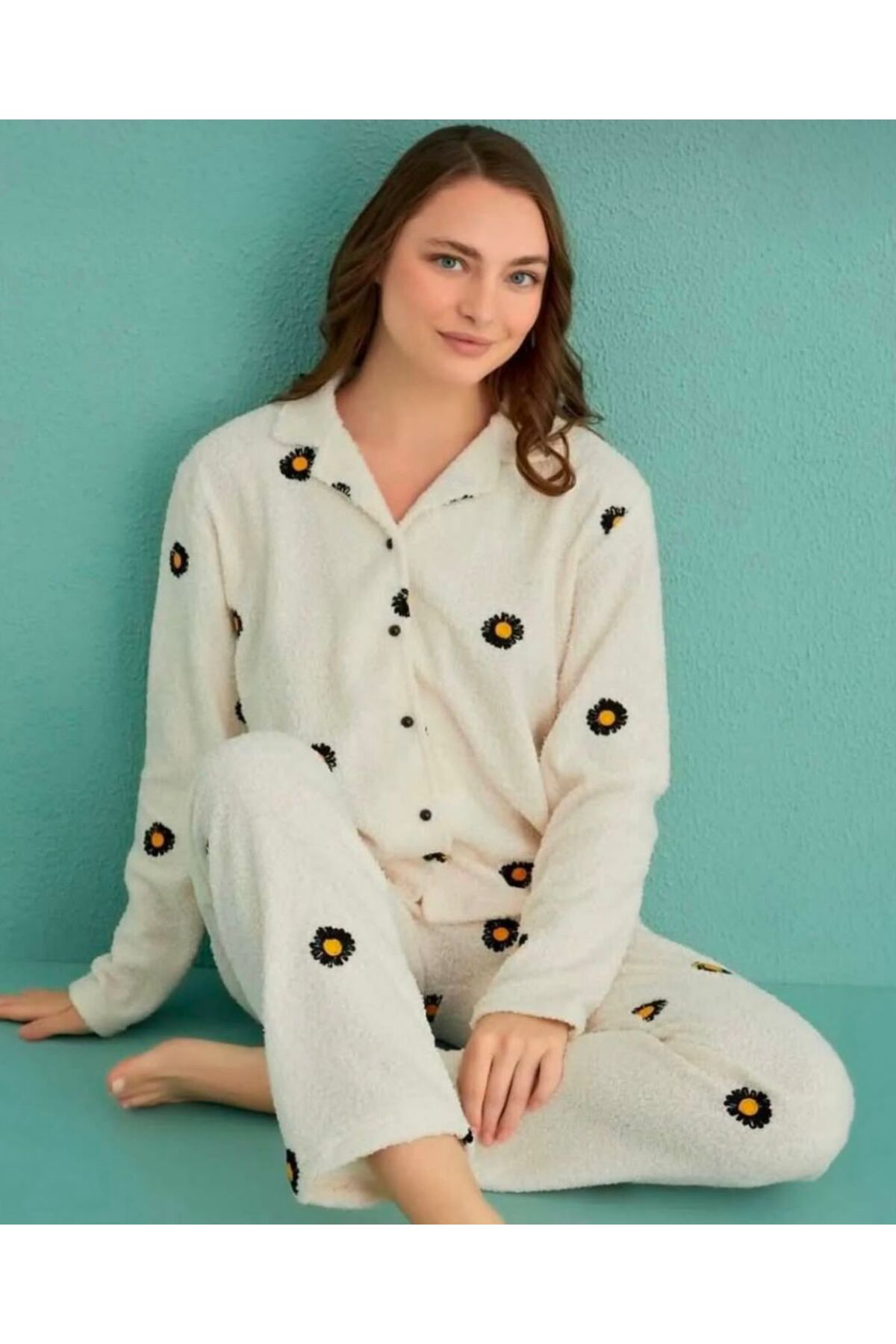 OMODAM Kadın Önden Düğmeli Buklet Pijama Takımı