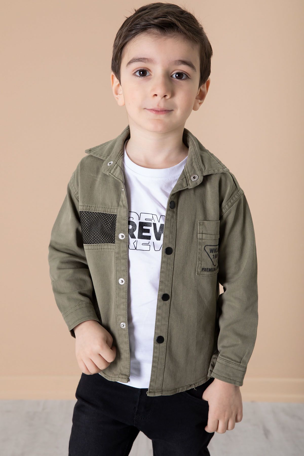 Cansın Mini-Khaki Boy's Crew Shirt Set - Writing T-Shirt and Mesh Detail 20083 5