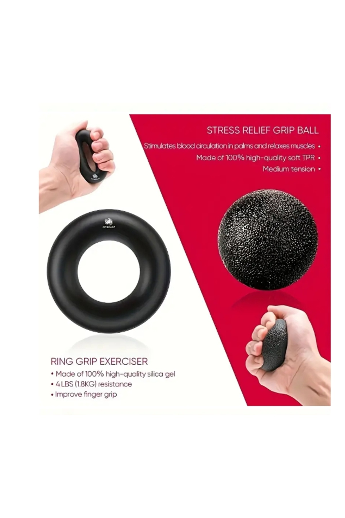 gaman-Hand Grip Strengthener Set of 5 - Finger Trainer, Stretch Band, Resistance Ring, Exercise Ball 3