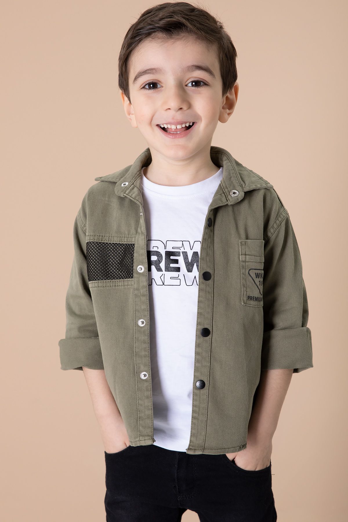 Cansın Mini-Khaki Boy's Crew Shirt Set - Writing T-Shirt and Mesh Detail 20083 1