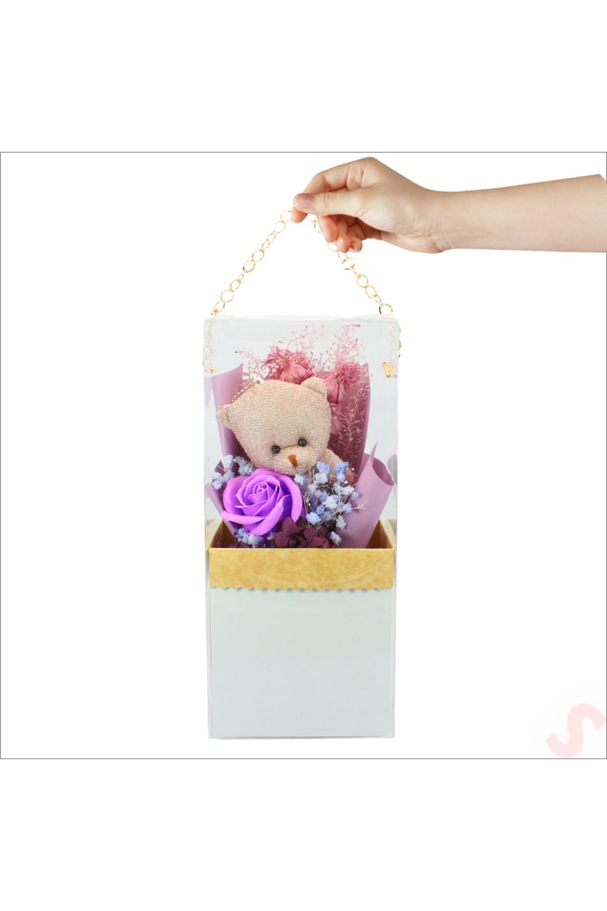 Süsle Baby Party PVC Kutulu,Pelüş Ayıcık ve Mor Güllü Kuru Çiçek Buketi 26cmx11cm