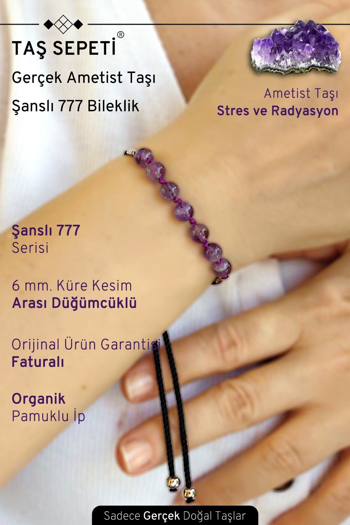 TAŞ SEPETİ 777 Şanslı Serisi Gerçek Ametist Doğal Taşı Unisex Şans Bilekliği