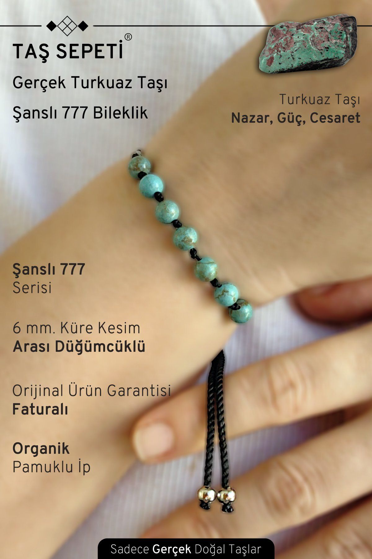 TAŞ SEPETİ 777 Şanslı Serisi Gerçek Turkuaz Doğal Taşı Unisex Şans Bilekliği