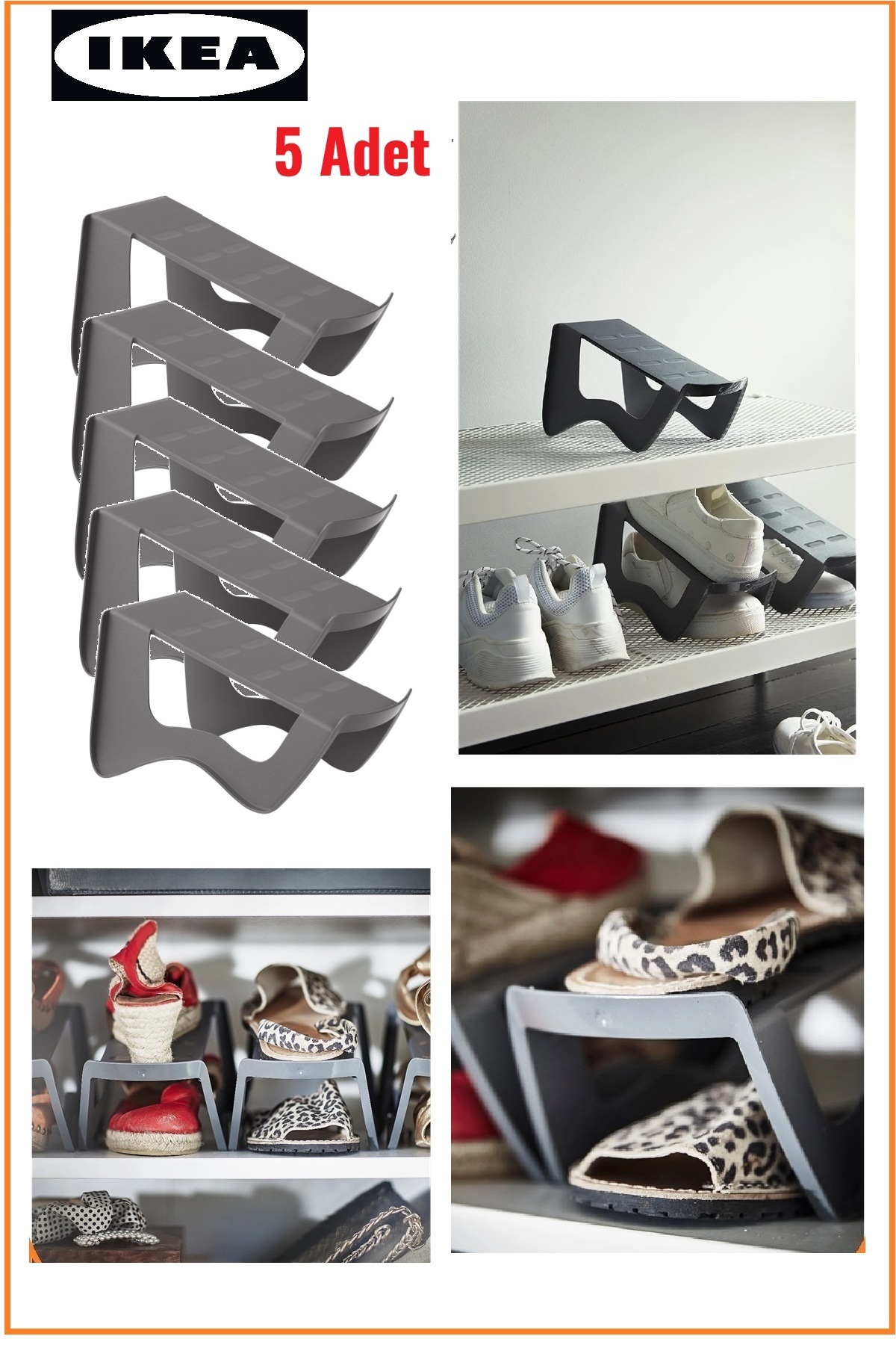IKEA Murvel Dolap Içi Ayakkabı Düzenleyici Rampa Gri 5 Adet - Plastik