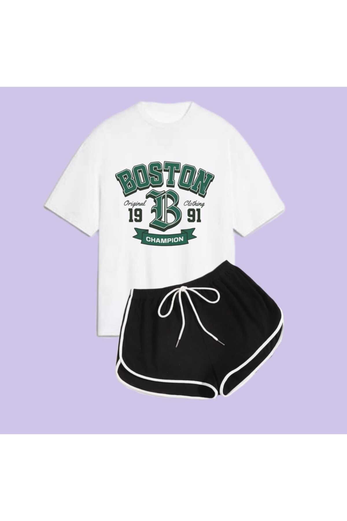 Elvino Boston Baskılı İkili Pinterest Biyeli Şort Tshirt Takım