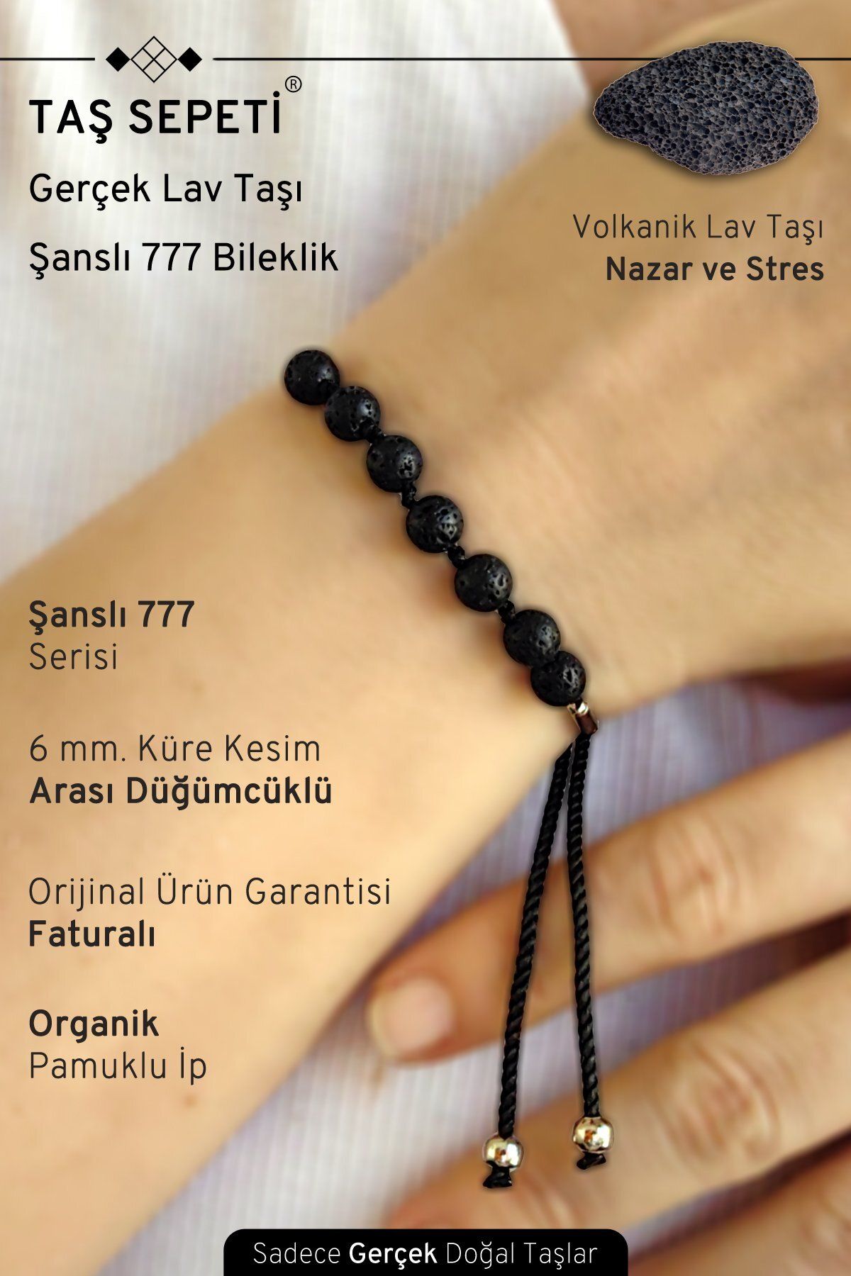 TAŞ SEPETİ 777 Şanslı Serisi Gerçek Lav Doğal Taşı Unisex Şans Bilekliği