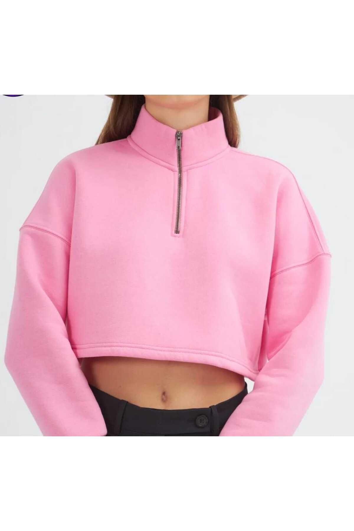 Pupa Kadın Pembe Şardonlu Oversize Dik Yaka Fermuarlı Örme Sweatshirt