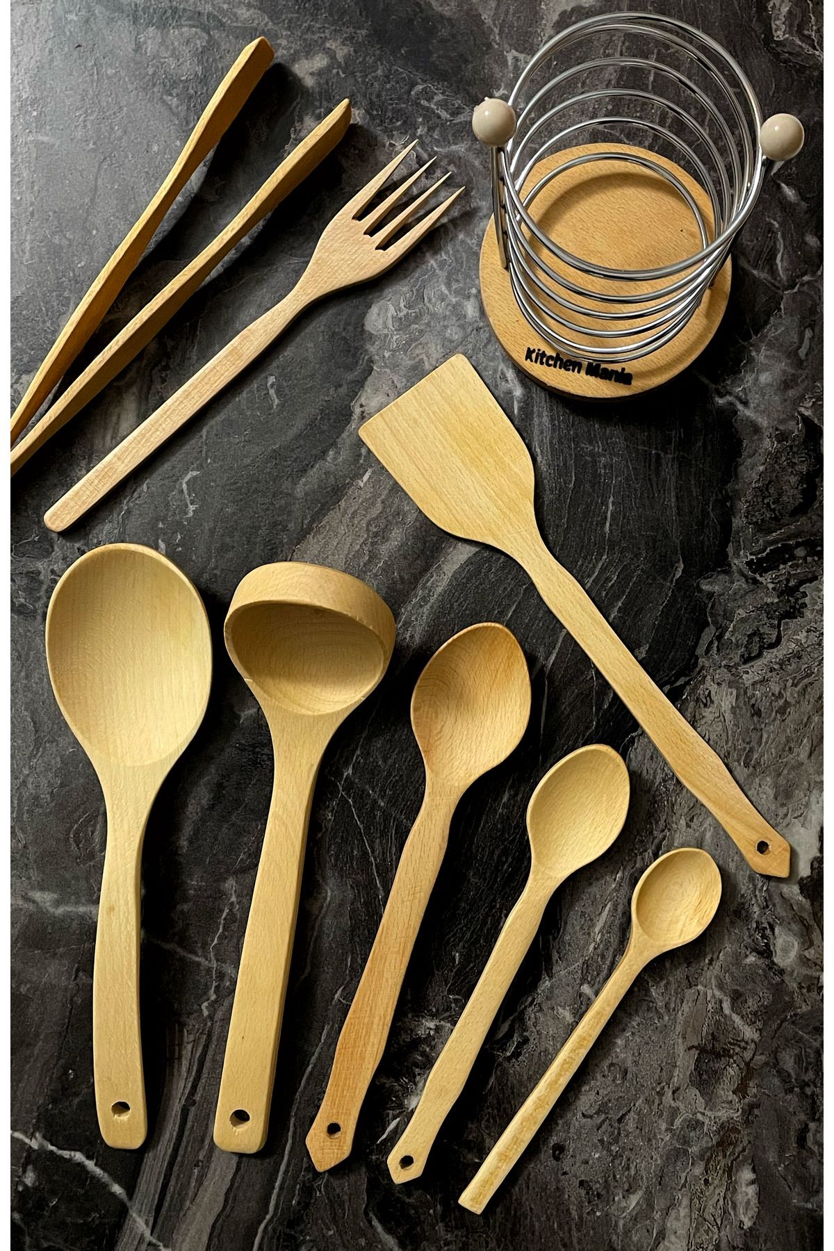 Kitchen Mania 9 Parça Pro Kayın Ahşap Kaşık Seti-Metal Standlı-Tahta Spatula Servis Kepçe Ağaç Çatal Maşa Set