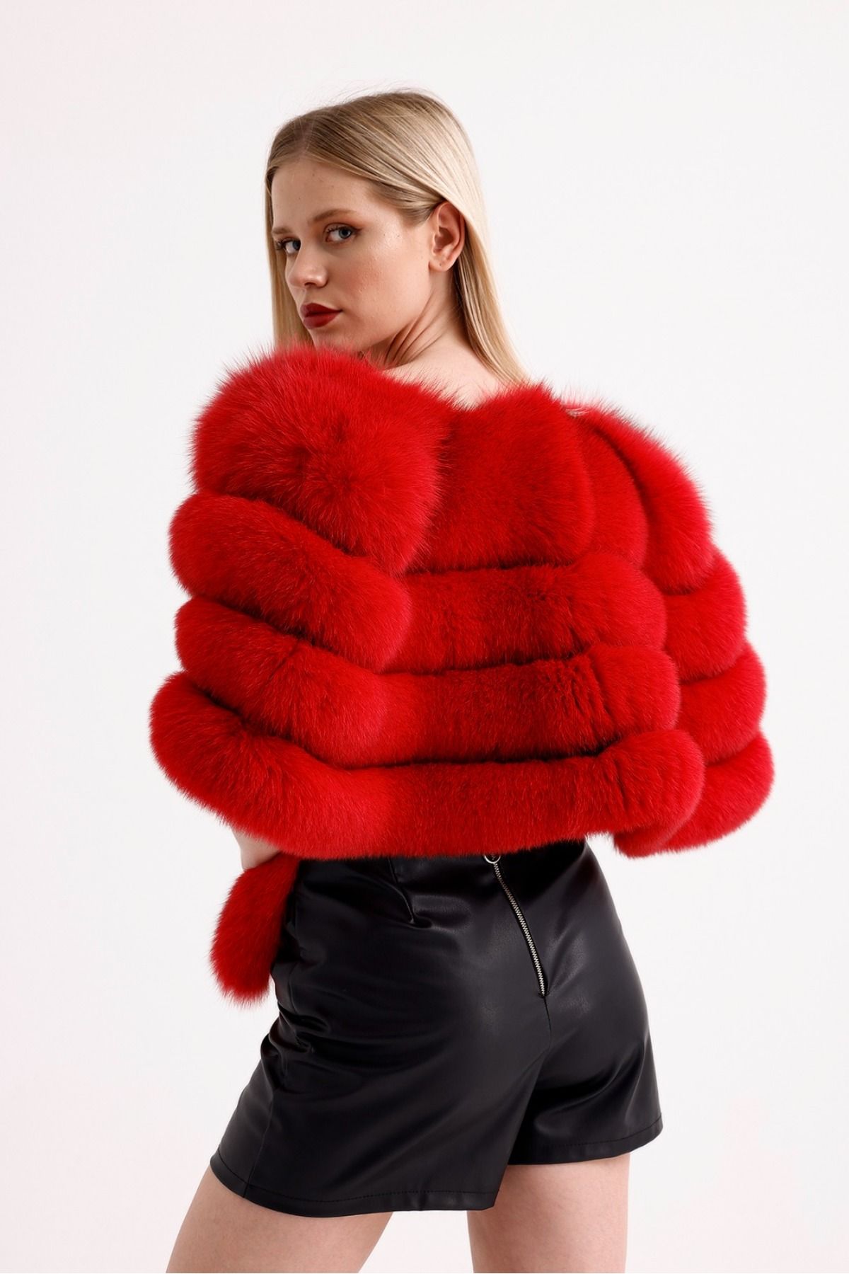 ÖZEL ASPAVA DERİ-Women's Red Genuine Fur Bolero, Etol K-24, Special Aspava Leather 5