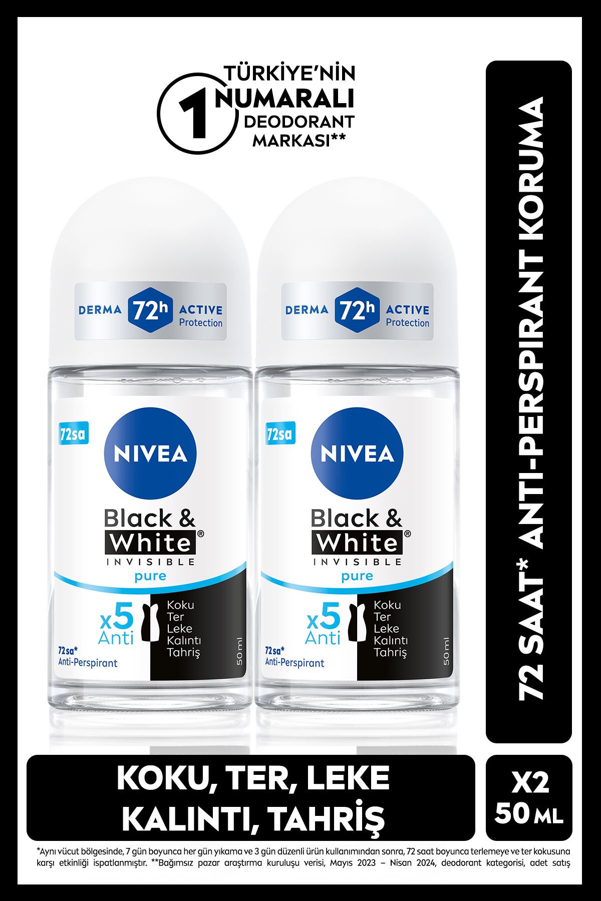 دئودورانت زنانه مشکی و سفید Invisible Pure 50ml، 72 ساعت ضد تعریق، X2 Pieces NIVEA