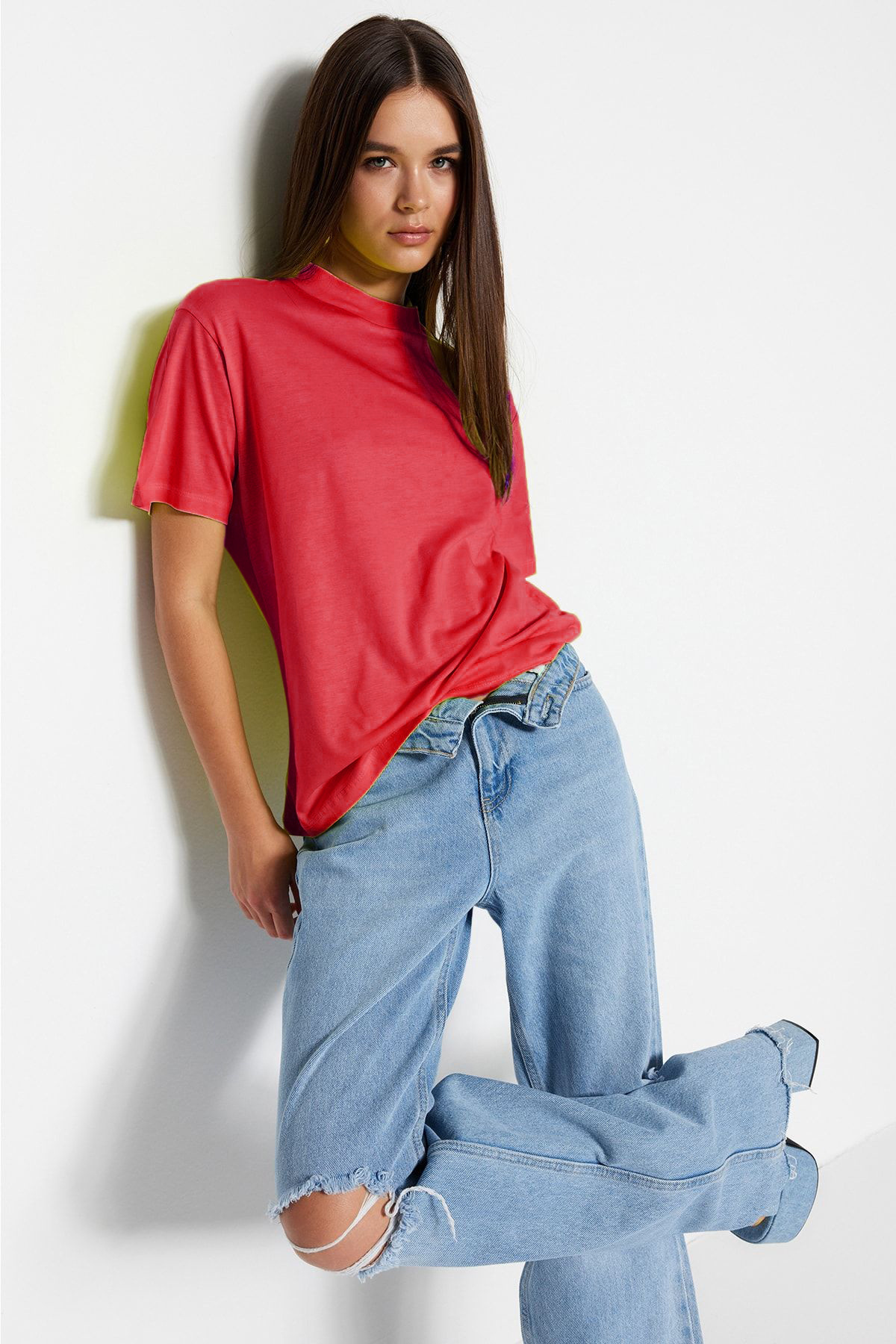 Trendyol Collection-Červené 100% bavlna Základní stojáček Pletené tričko TWOAW20TS0096 3
