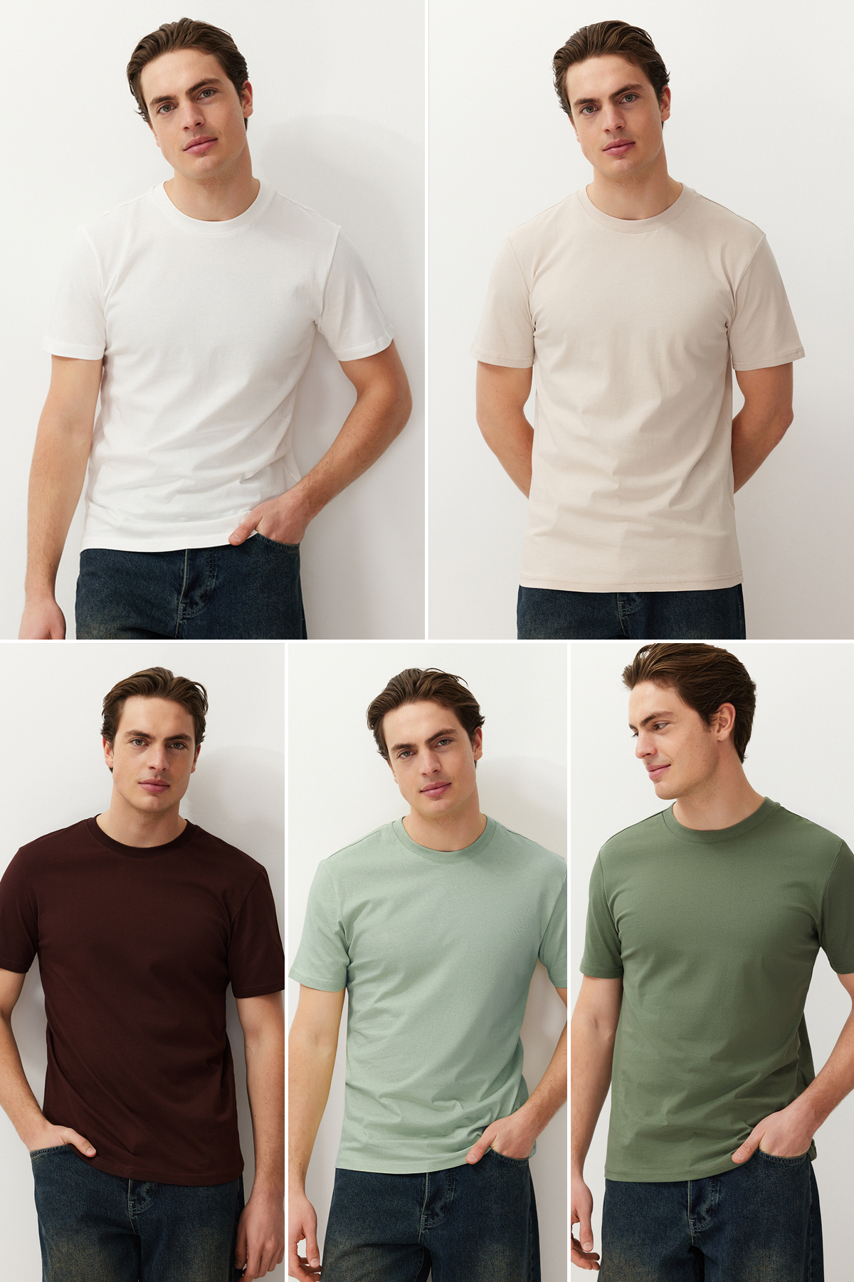 Trendyolmilla  Mint-Haki-Kahverengi Slim/Dar Kesim 5'li Paket %100 Tok Kumaş T-shirt TMNAW20TS0243 - Görsel 3