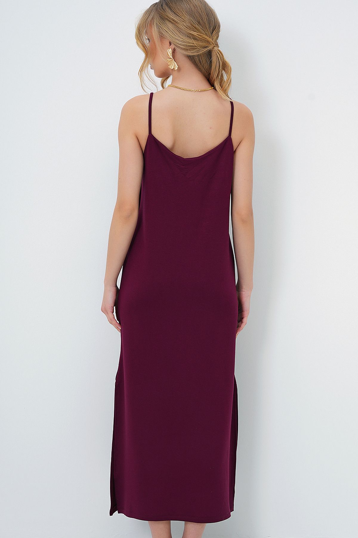 Kadın Bordo İp Askılı Yırtmaçlı Yazlık Örme Elbise ALC-X13570
