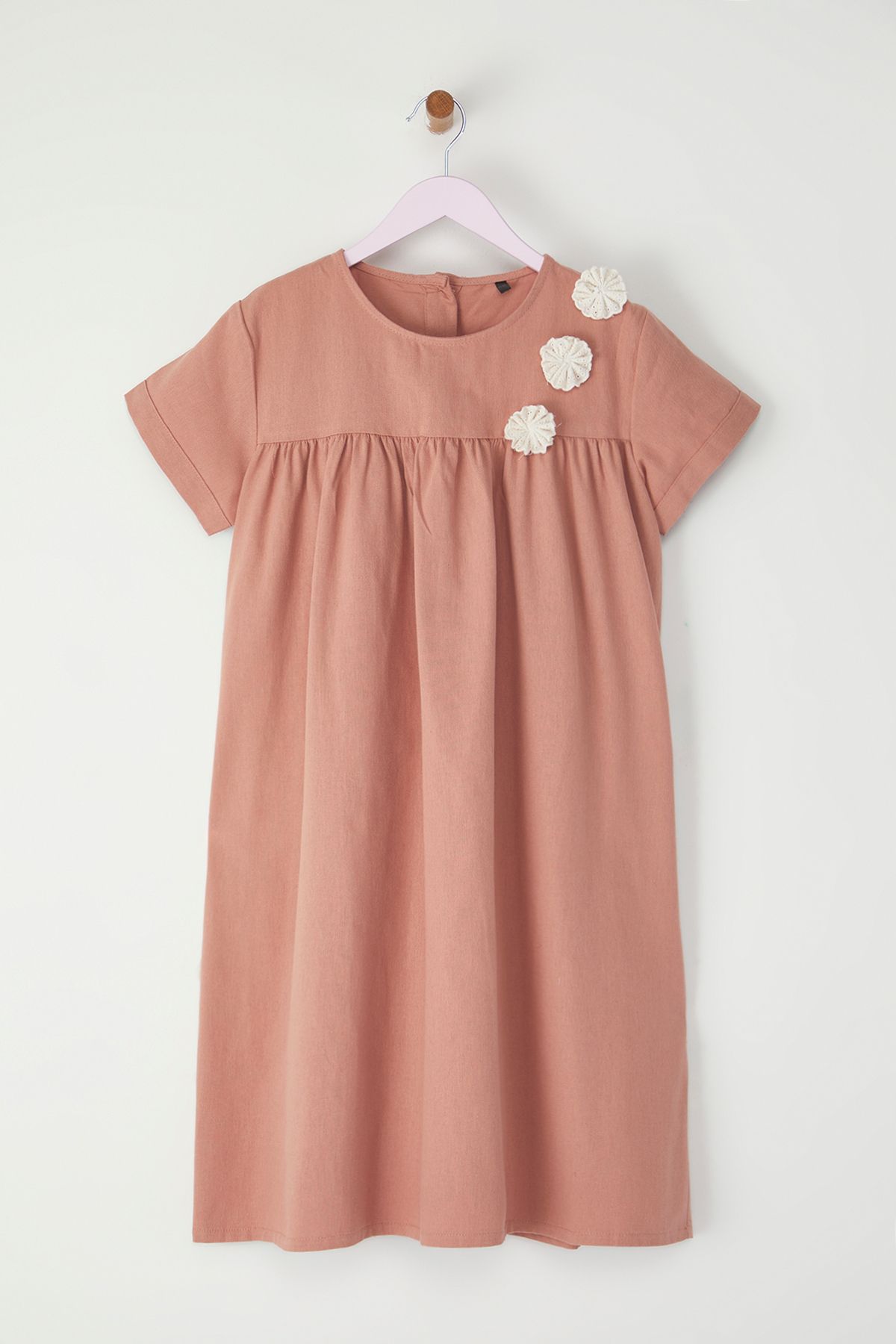 TRENDYOLKIDS-Dusty Rose Girl's Mini Floral Short Sleeve Knitted Dress Tkdss25El00021 4