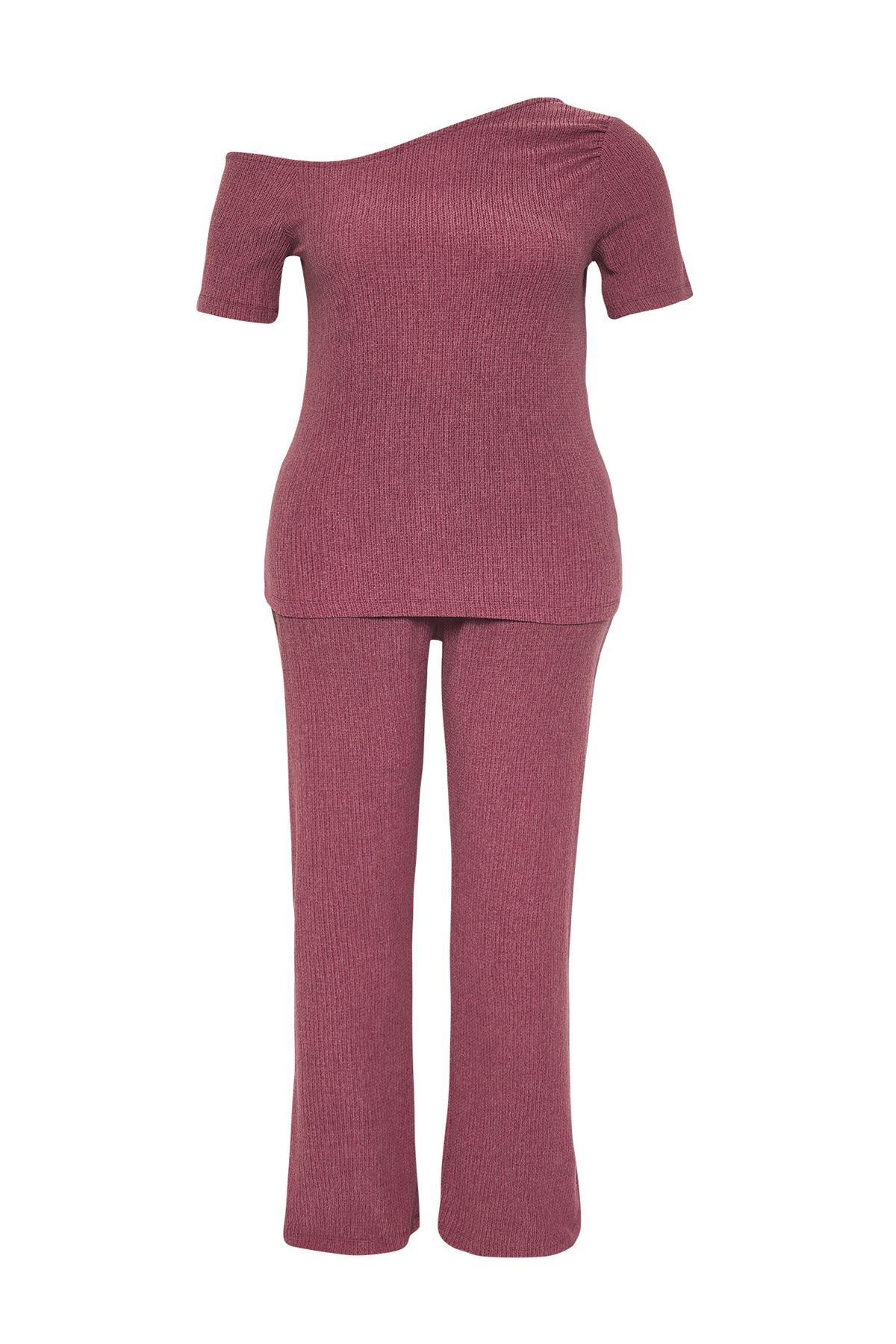 Trendyol Curve-Plum Asymmetrical Collar Fitted Wrapped Textured Fabric Knitted Plus Size Bottom-Top Suit Tbbss25Cp00006 6