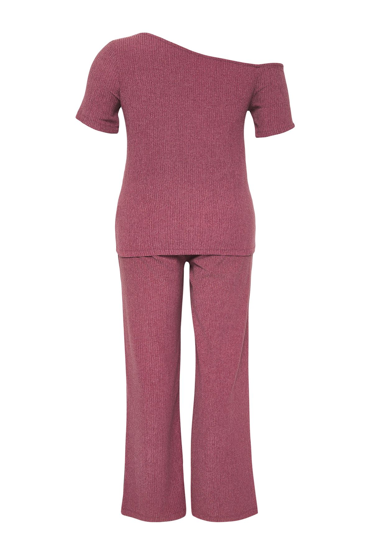 Trendyol Curve-Plum Asymmetrical Collar Fitted Wrapped Textured Fabric Knitted Plus Size Bottom-Top Suit Tbbss25Cp00006 9