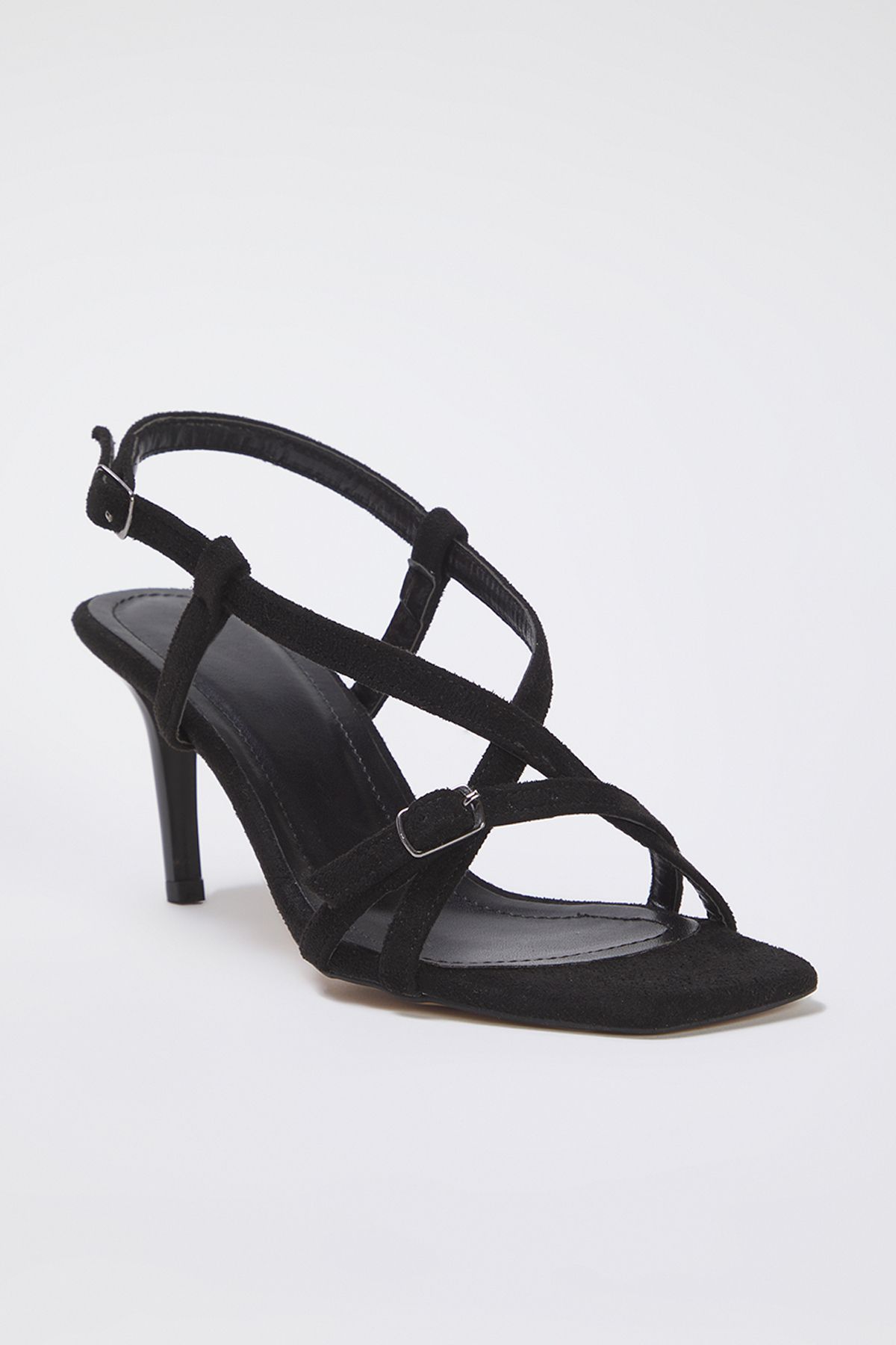 TRENDYOL SHOES Czarne Zamszowe Sandały Damskie Z Paskiem Na Kostce I Kwadratowym Noskiem Na Cienkim Obcasie Takss25to00018 Kobieta - 39