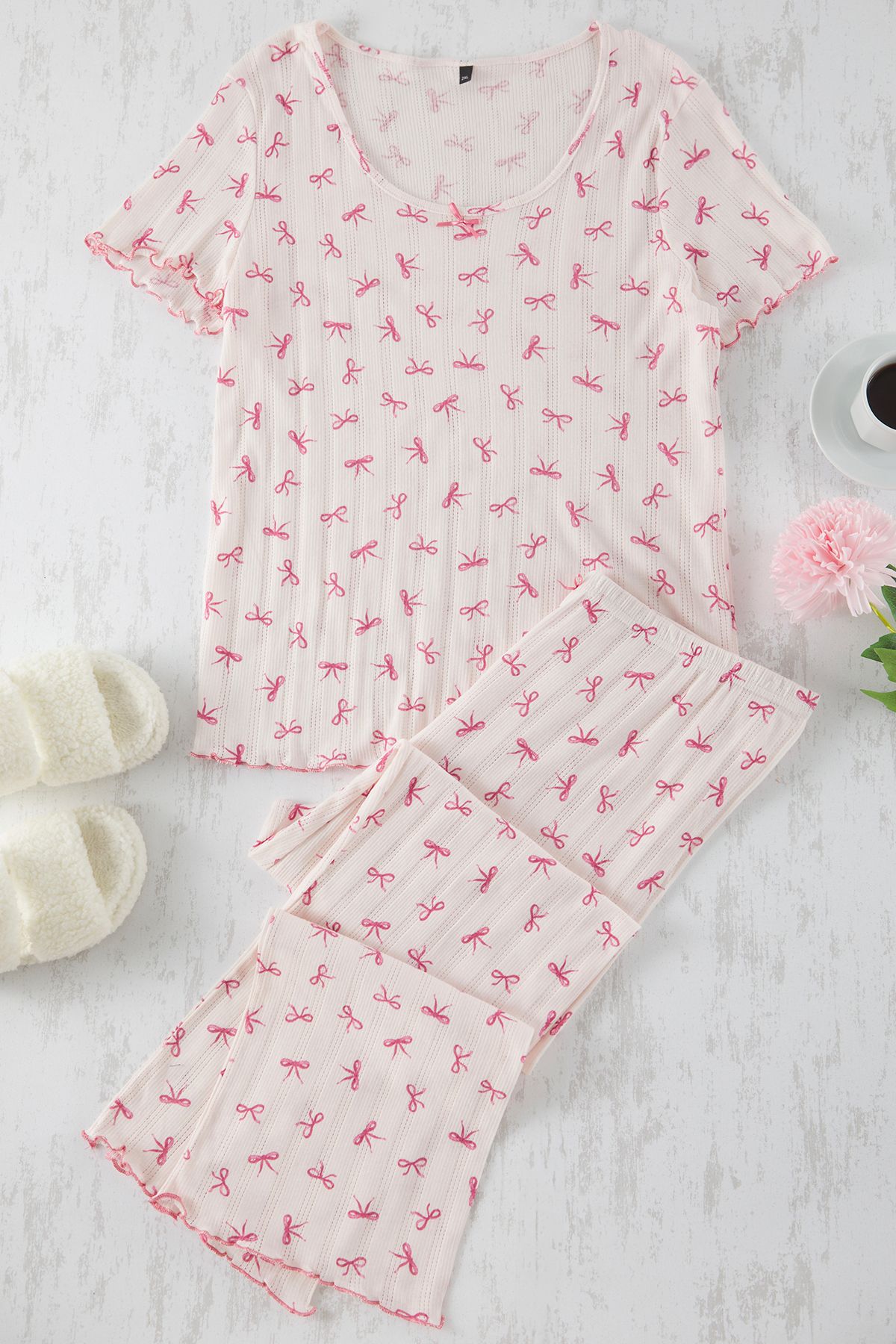 Trendyol Curve-Pink Ribbon/Bow Pattern Pointel Openwork/Hole Knitted Pajamas Set 5