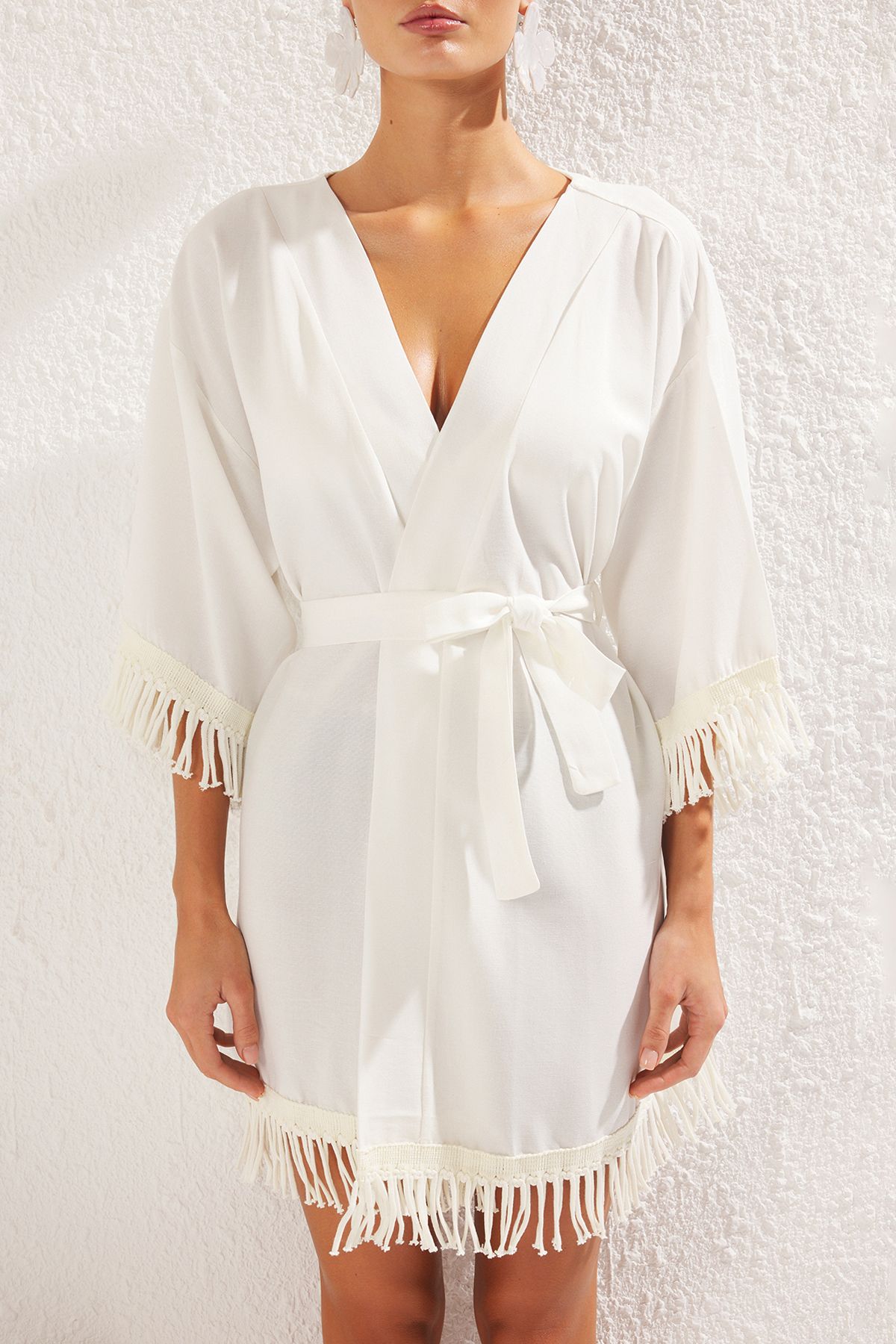 Trendyol Collection-Ecru*001 Plain Short Woven 100% Other Fibers Kimono&Kaftan 3