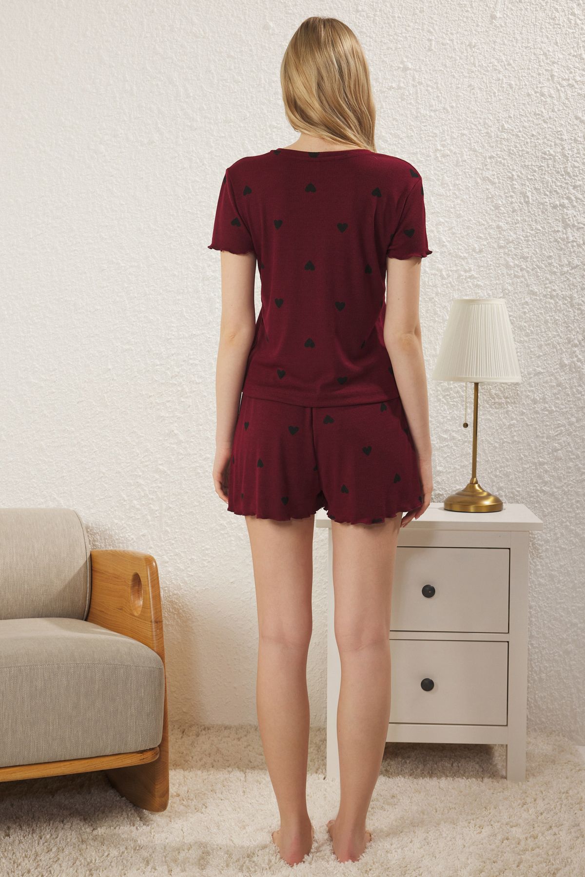 Trendyol Collection-Burgundy Heart Slogan Printed Elastic Ribbed Shorts Knitted Pajamas Set Thmss24Pt00220 5