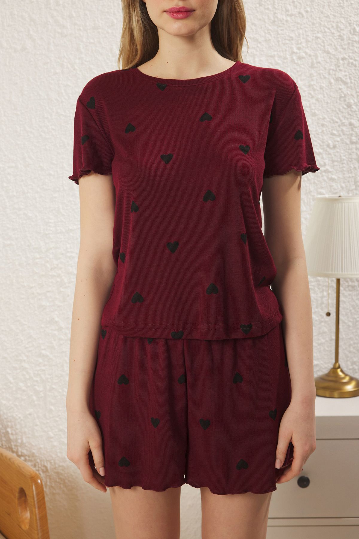 Trendyol Collection-Burgundy Heart Slogan Printed Elastic Ribbed Shorts Knitted Pajamas Set Thmss24Pt00220 3