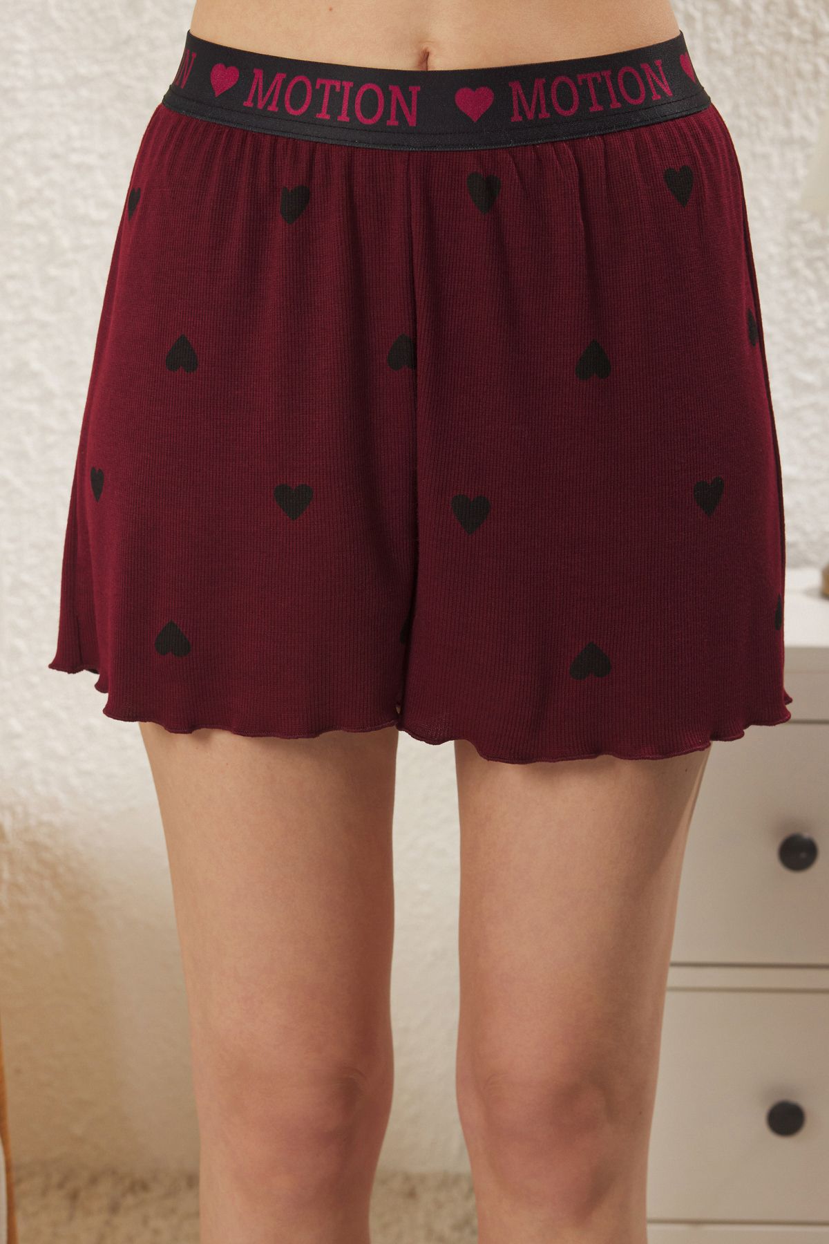 Trendyol Collection-Burgundy Heart Slogan Printed Elastic Ribbed Shorts Knitted Pajamas Set Thmss24Pt00220 4