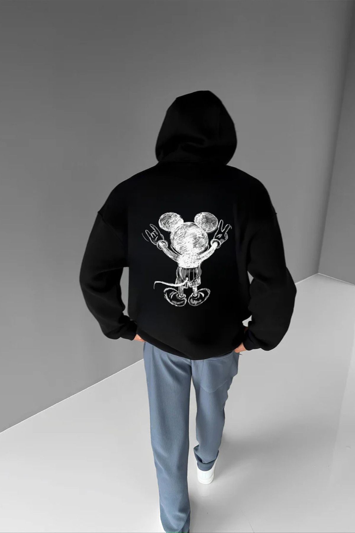 FECCY Pamuklu Mouse Baskılı Kapüşonlu Sweatshirt Hoodie