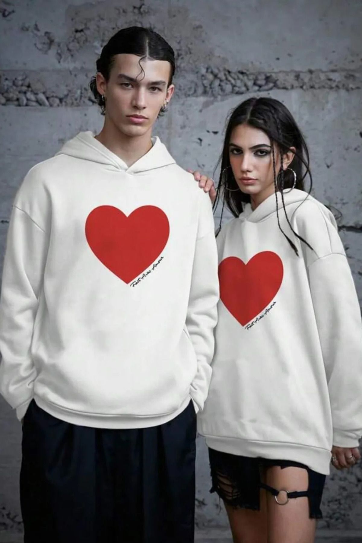 Wish BF Kadın Erkek Kırmızı Kalp Baskılı Kapüşonlu 2'li Sevgili Çift Kombini Oversize Sweatshirt