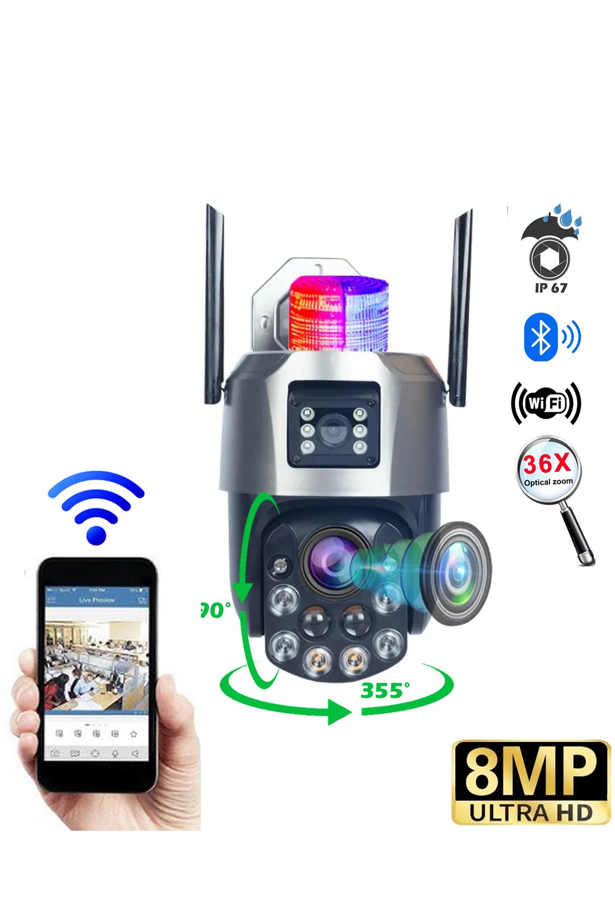 Venas Çift Kameralı 36X Optik motorize zoom 8Mp Ultra HD Polis Çakarlı Wifi Telefon uygulamalı Kamera