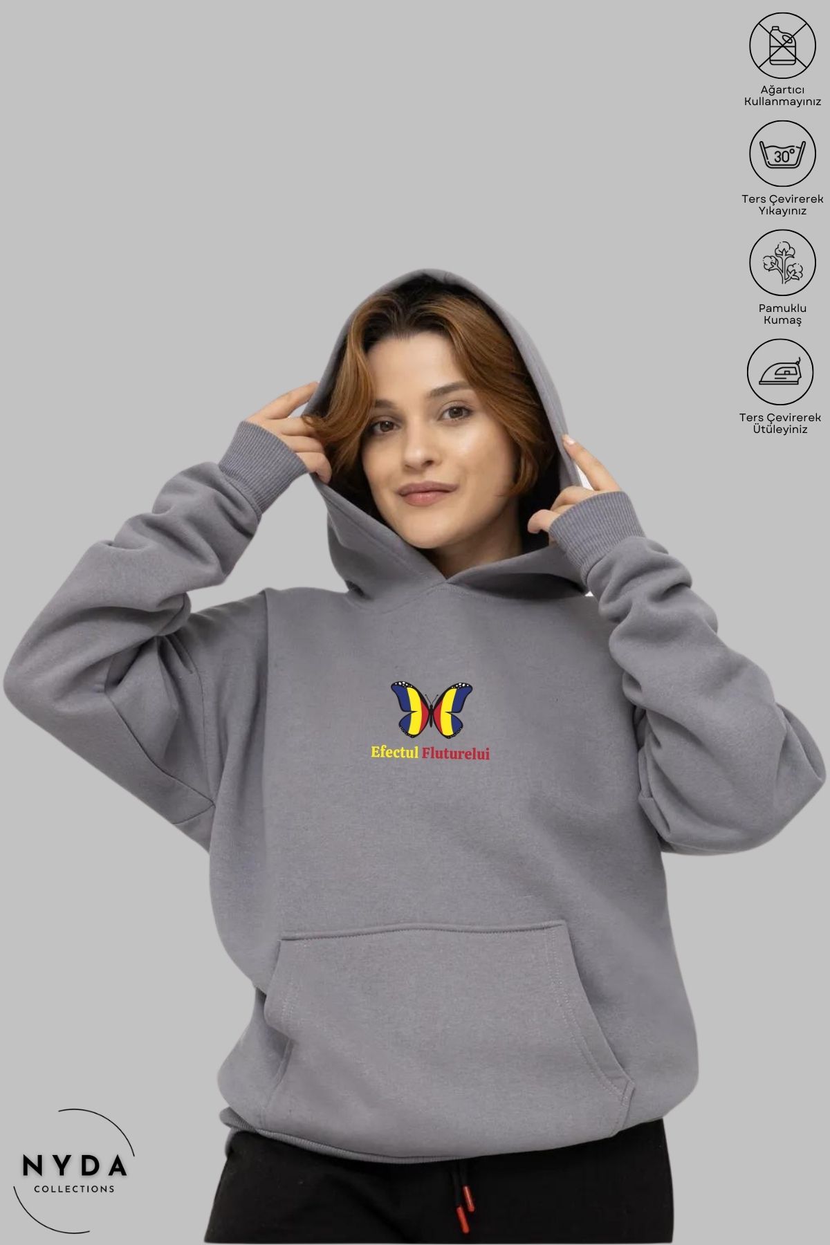 Nyda Collections Unisex Hoodie Romania Efectul Fluturelui Baskılı Kapüşonlu Şardonlu Oversize Pamuk Sweatshirt