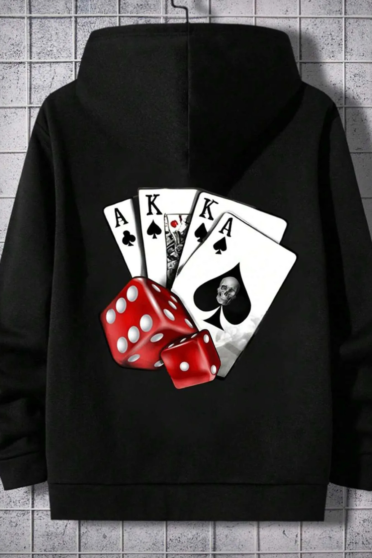 Wish BF oyun kartları ön arka baskılı siyah oversize kapşonlu sweatshirt hoodie görsel 3