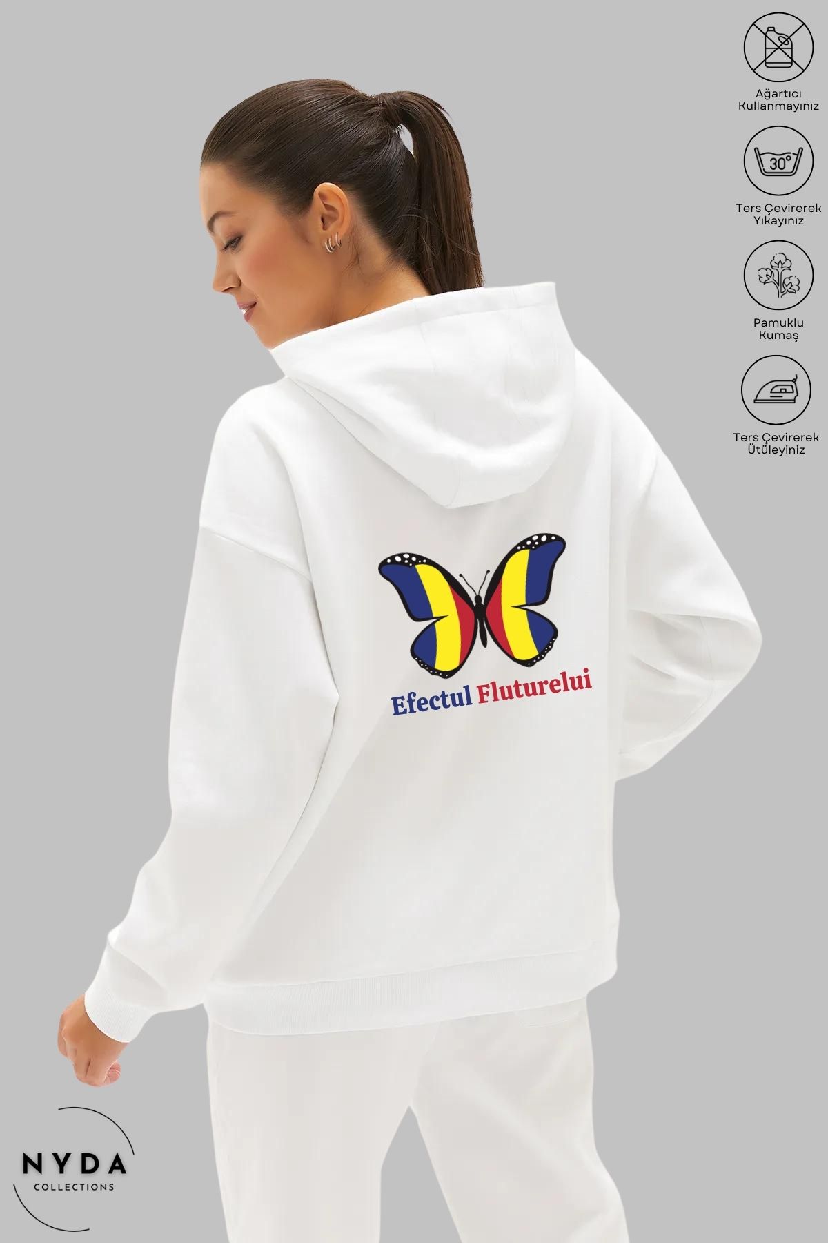 Nyda Collections Unisex Hoodie Romania Efectul Fluturelui Baskılı Kapüşonlu Şardonlu Oversize Pamuk Sweatshirt