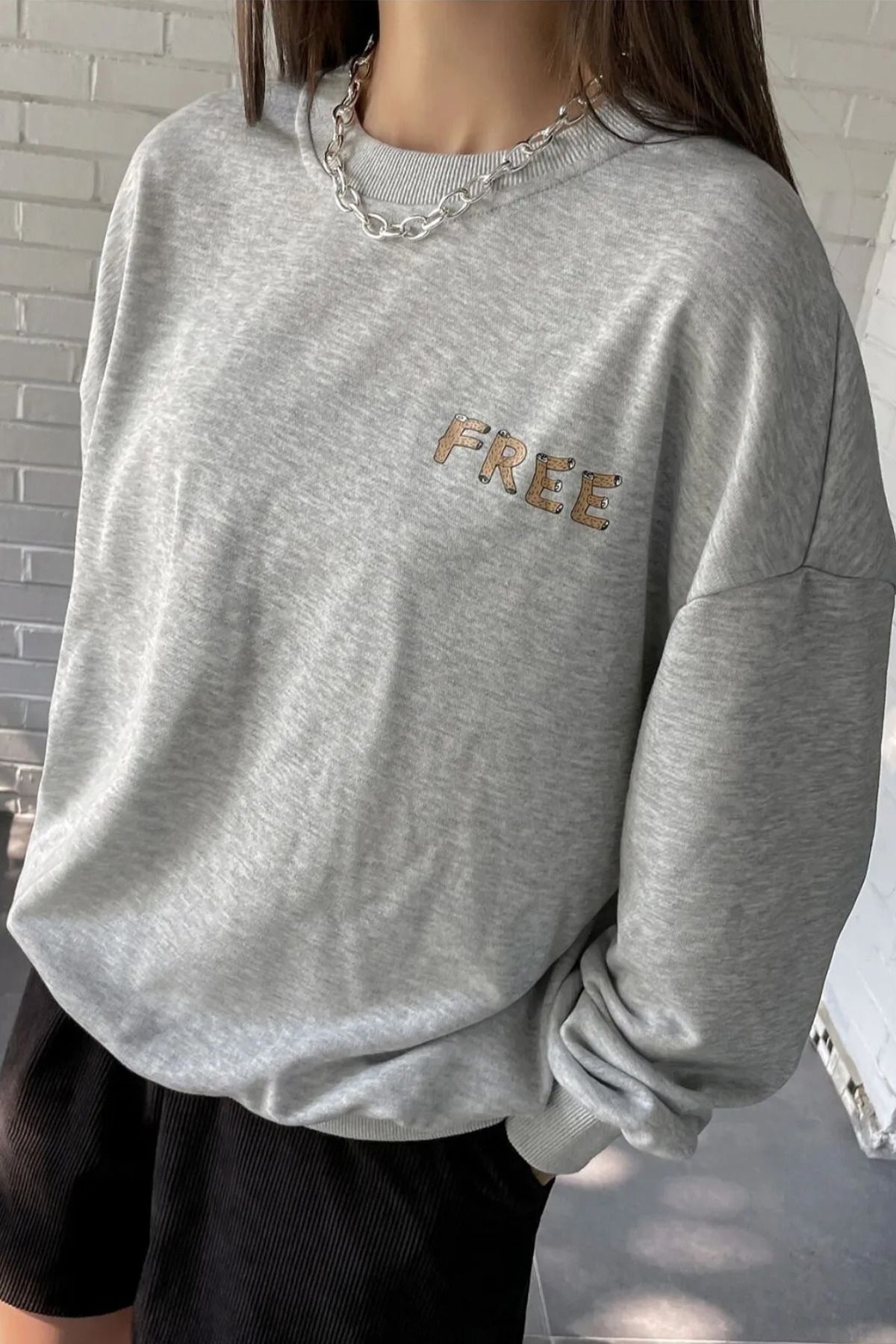 Wish BF UNISEX Gri Free Bisiklet Yaka Baskılı Oversize Sweatshirt