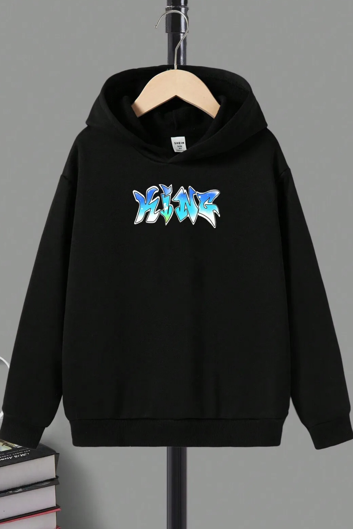 Wish BF king mavi ayıcık ön arka baskılı siyah oversize kapşonlu sweatshirt hoodie görsel 2