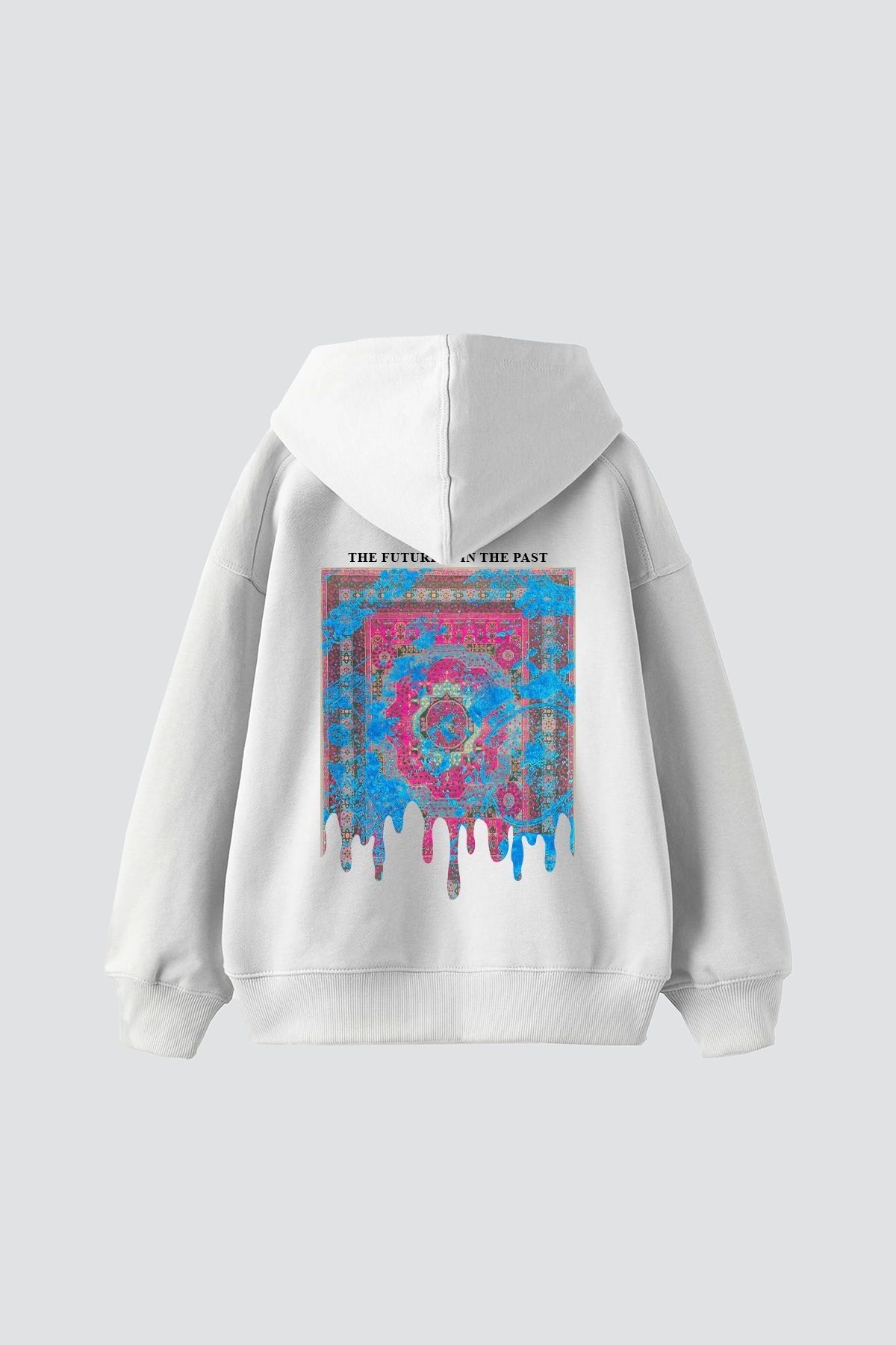 Bak Moda Liquid Rug Baskılı Oversize Unisex Beyaz Hoodie