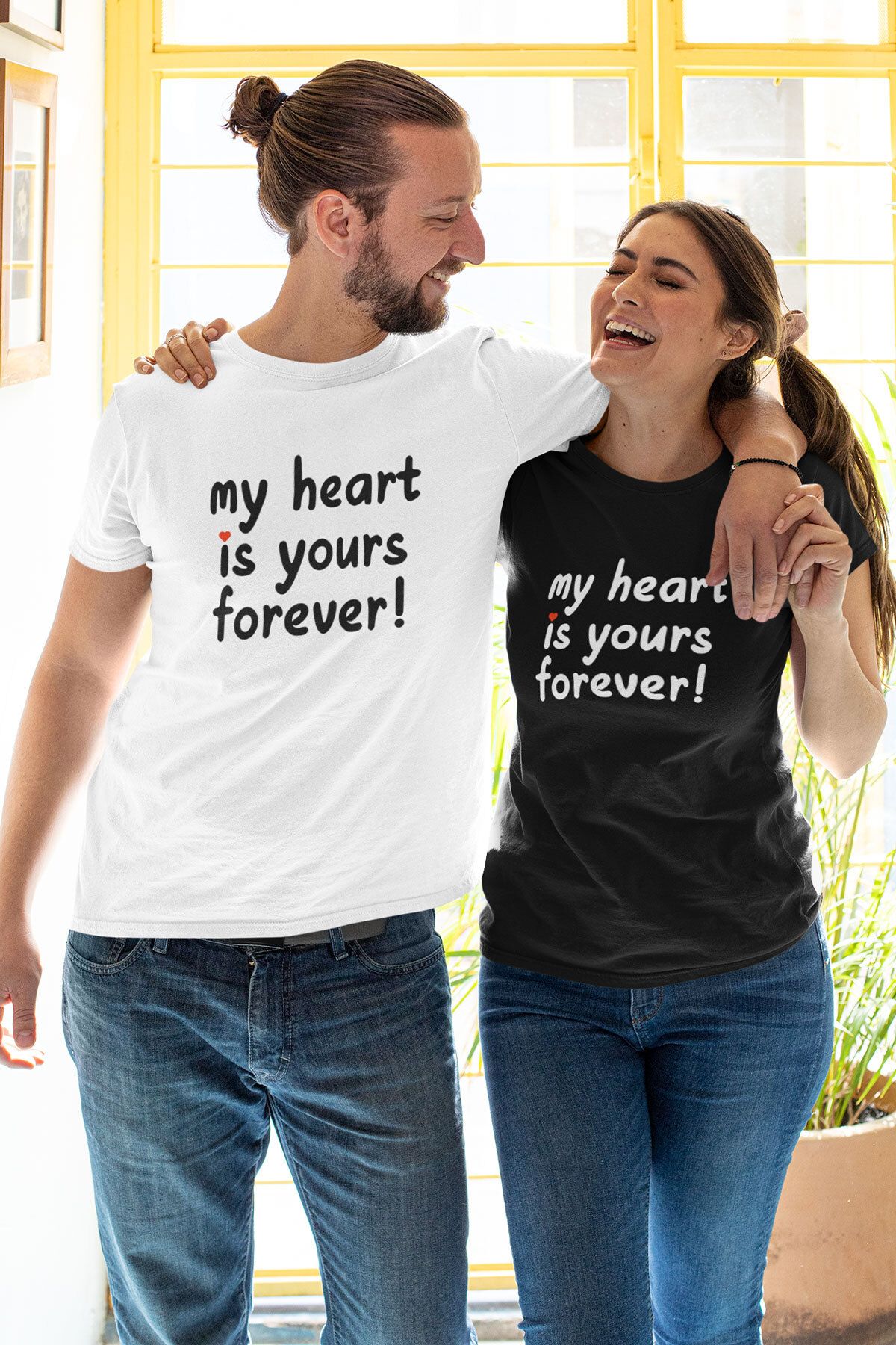 qoeuyl boutique My Heart Is Yours Baskılı Sevgili Çift Kombin İkili %100 Pamuk Sevgililer Günü Hediye T-Shirt