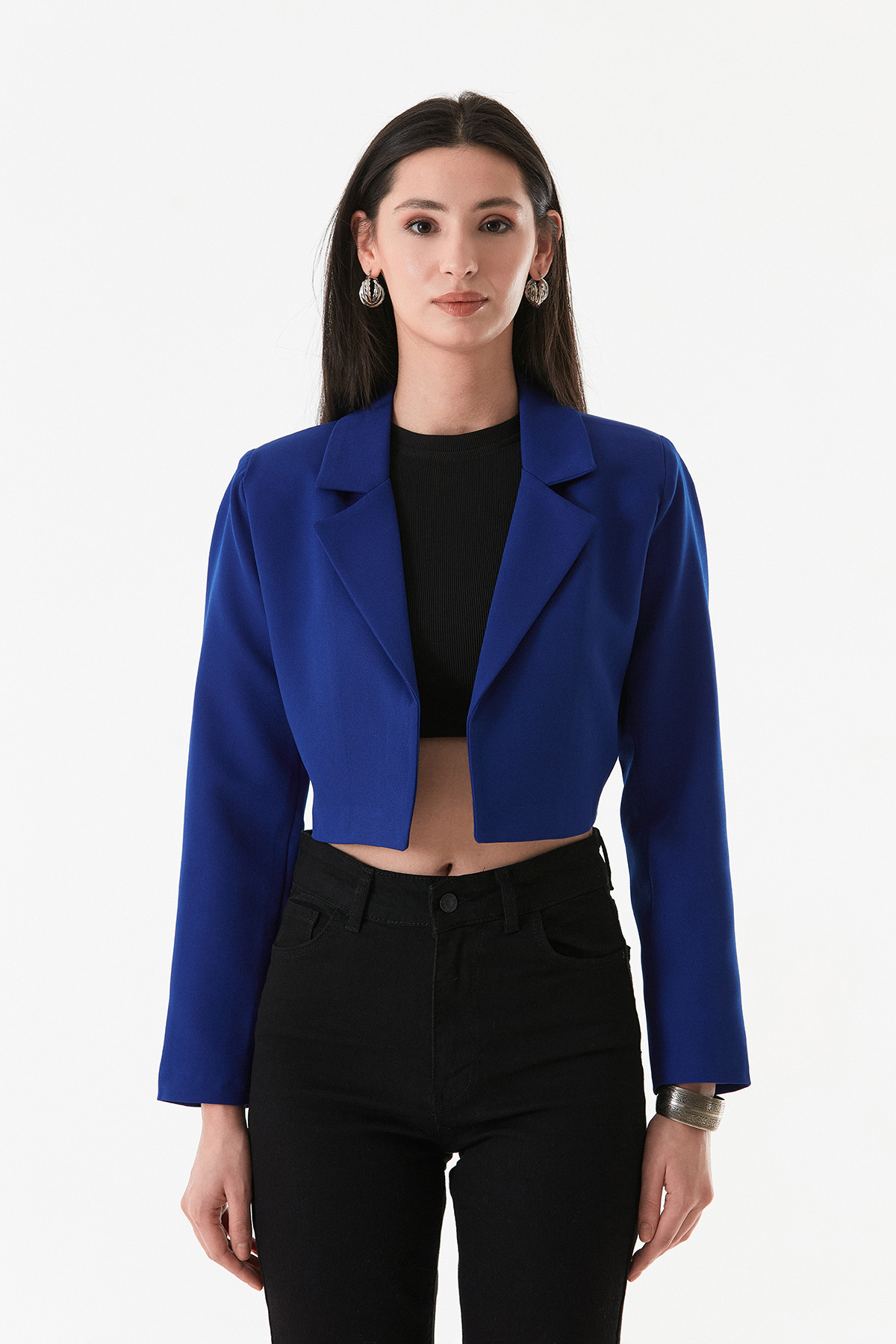 Fulla Moda-Basic Double Breasted Collar Padded Crop Jacket 8