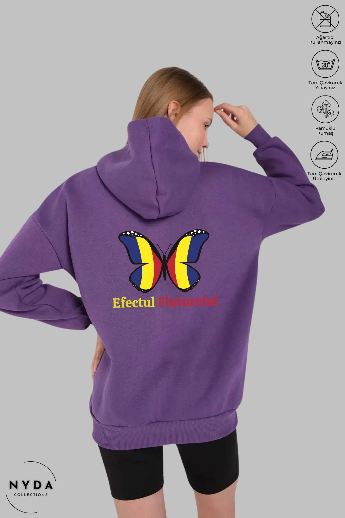 Nyda Collections Unisex Hoodie Romania Efectul Fluturelui Baskılı Kapüşonlu Şardonlu Oversize Pamuk Sweatshirt