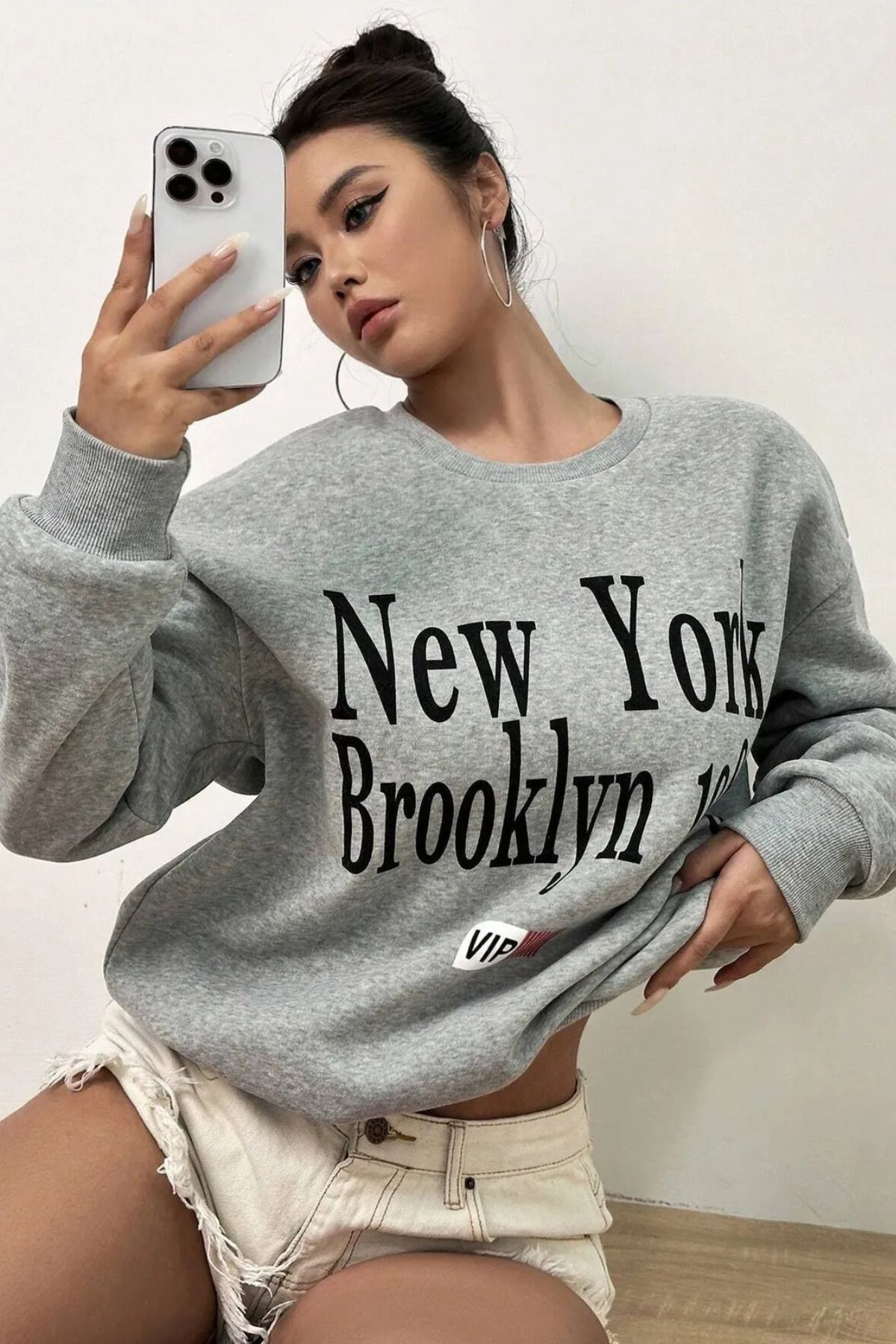 FECCY Pamuklu UNISEX Gri New York VIP Baskılı Oversize Sweatshirt