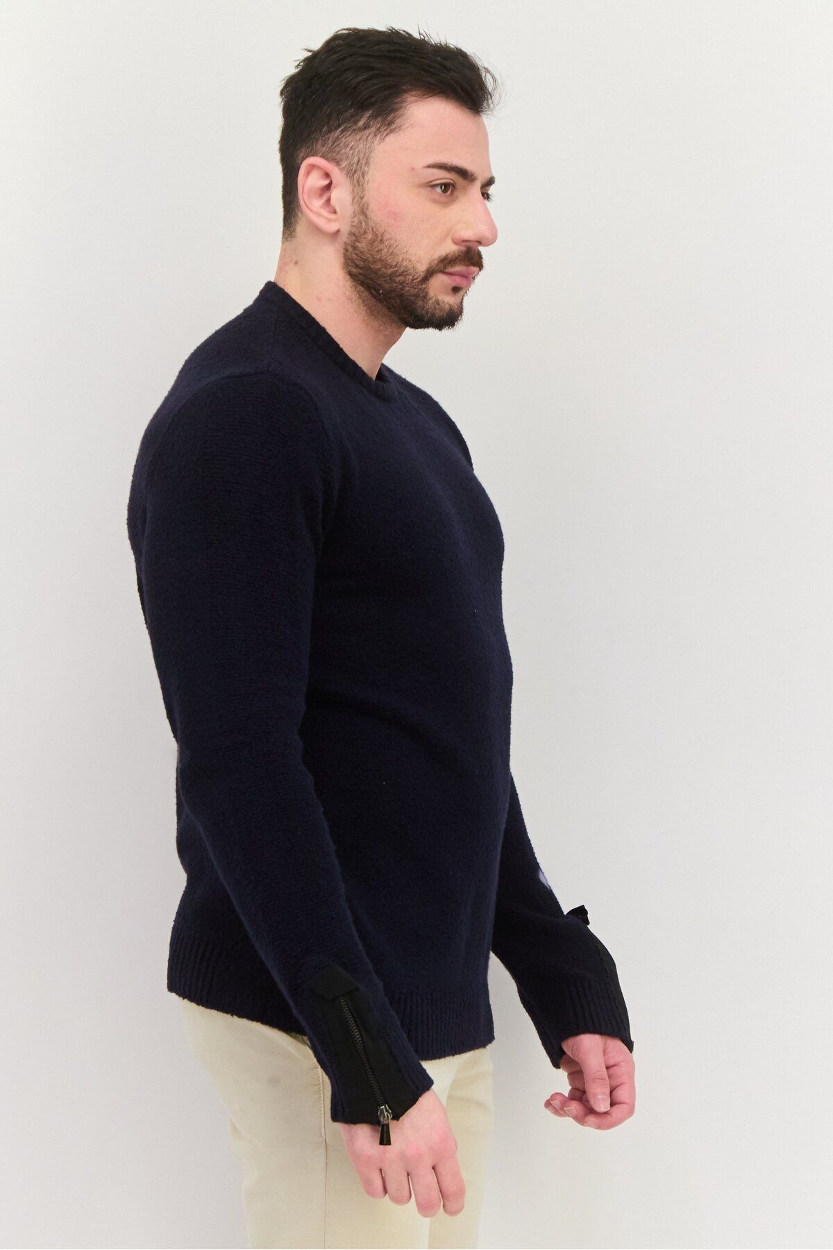 Trussardi Jeans-Men Crew Neck Knitted Long Sleeves  Sweater, Navy 2