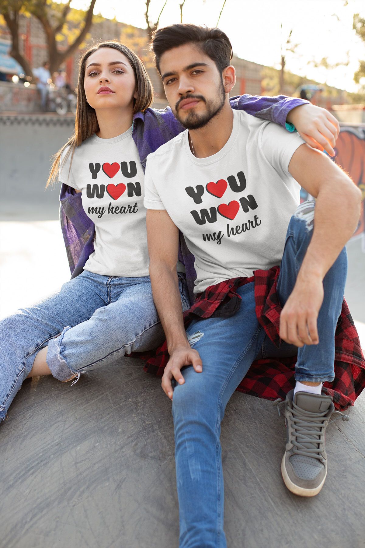 qoeuyl boutique You Won My Heart Baskılı Sevgili Çift Kombin İkili %100 Pamuk Sevgililer Günü Hediye T-Shirt